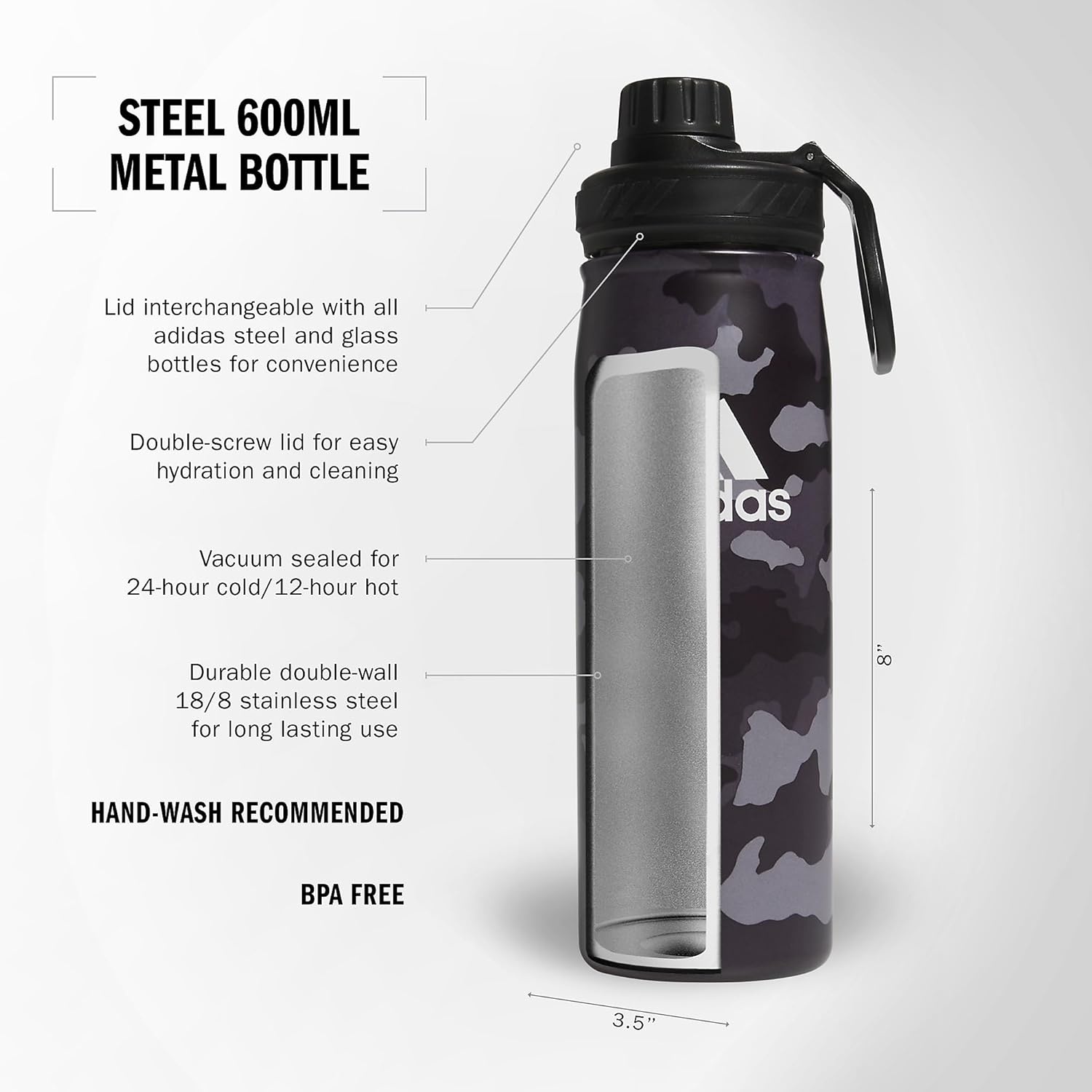 image:imageadidas Stainless Steel Metal Water Bottle 20 oz 600 mL Screw CapCamouflage CarbonBlackWhite