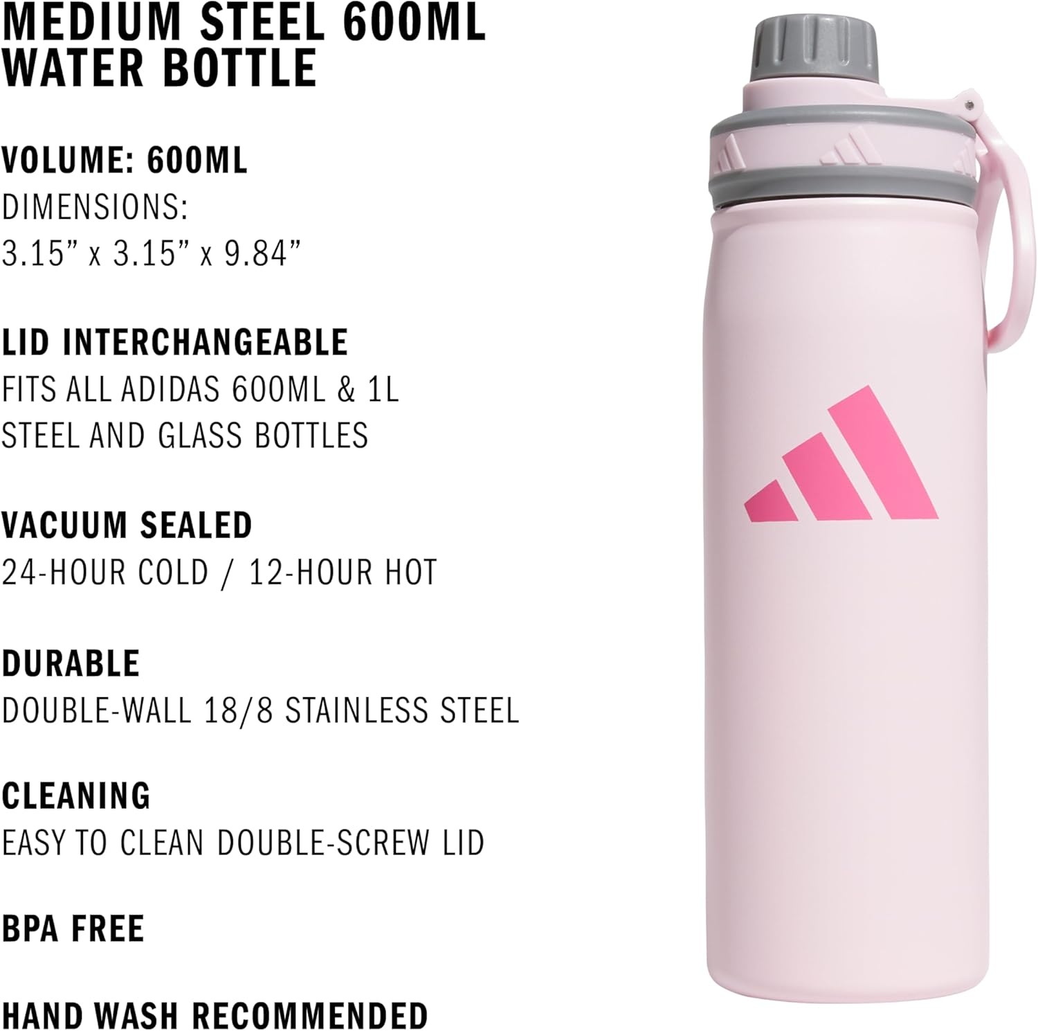 image:imageadidas Stainless Steel Metal Water Bottle 20 oz 600 mL Screw CapClear PinkGreyPink Fusion