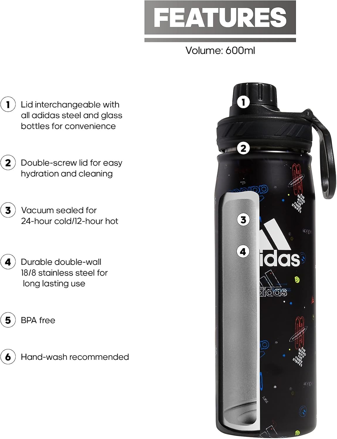 image:imageadidas Stainless Steel Metal Water Bottle 20 oz 600 mL Screw CapCrew BlueDark BlueLucid Lime Green