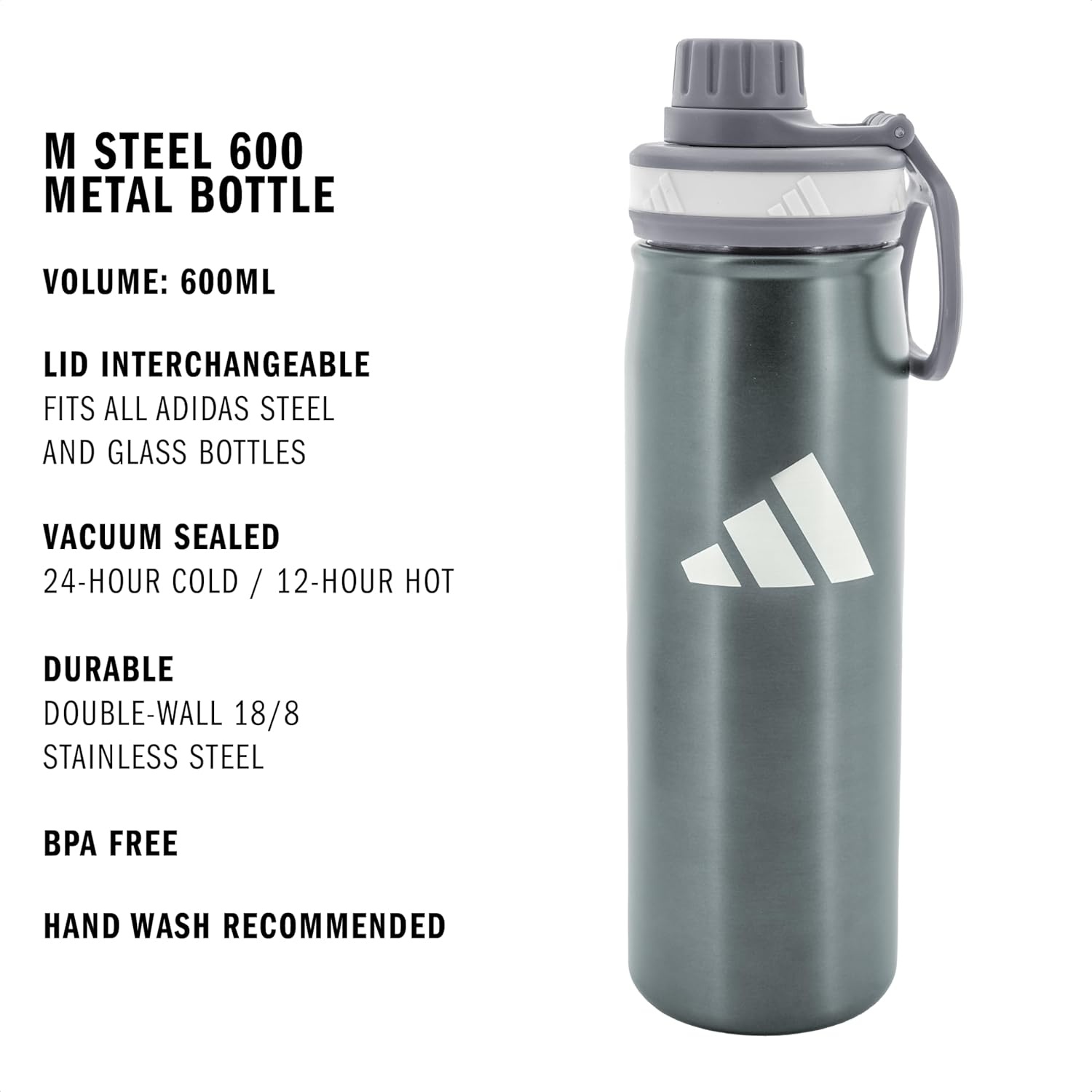 image:imageadidas Stainless Steel Metal Water Bottle 20 oz 600 mL Screw CapGraphiteGreyWhite