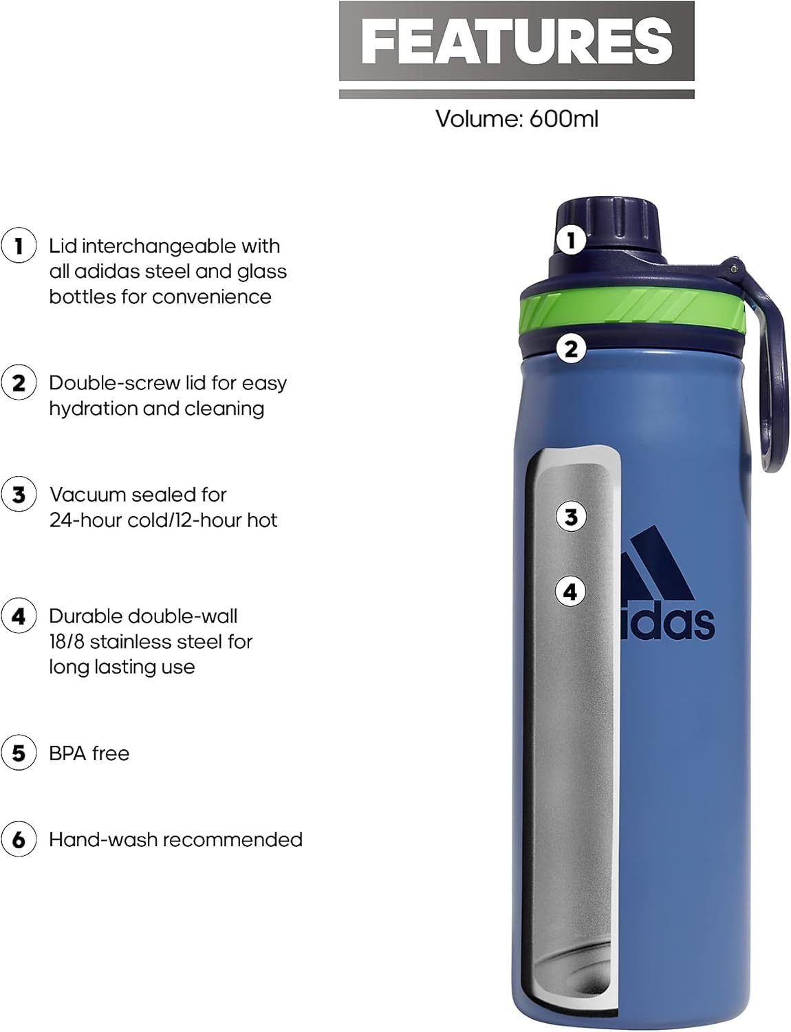 image:imageadidas Stainless Steel Metal Water Bottle 20 oz 600 mL Screw CapIcon Brand Love BlackBlackWhite