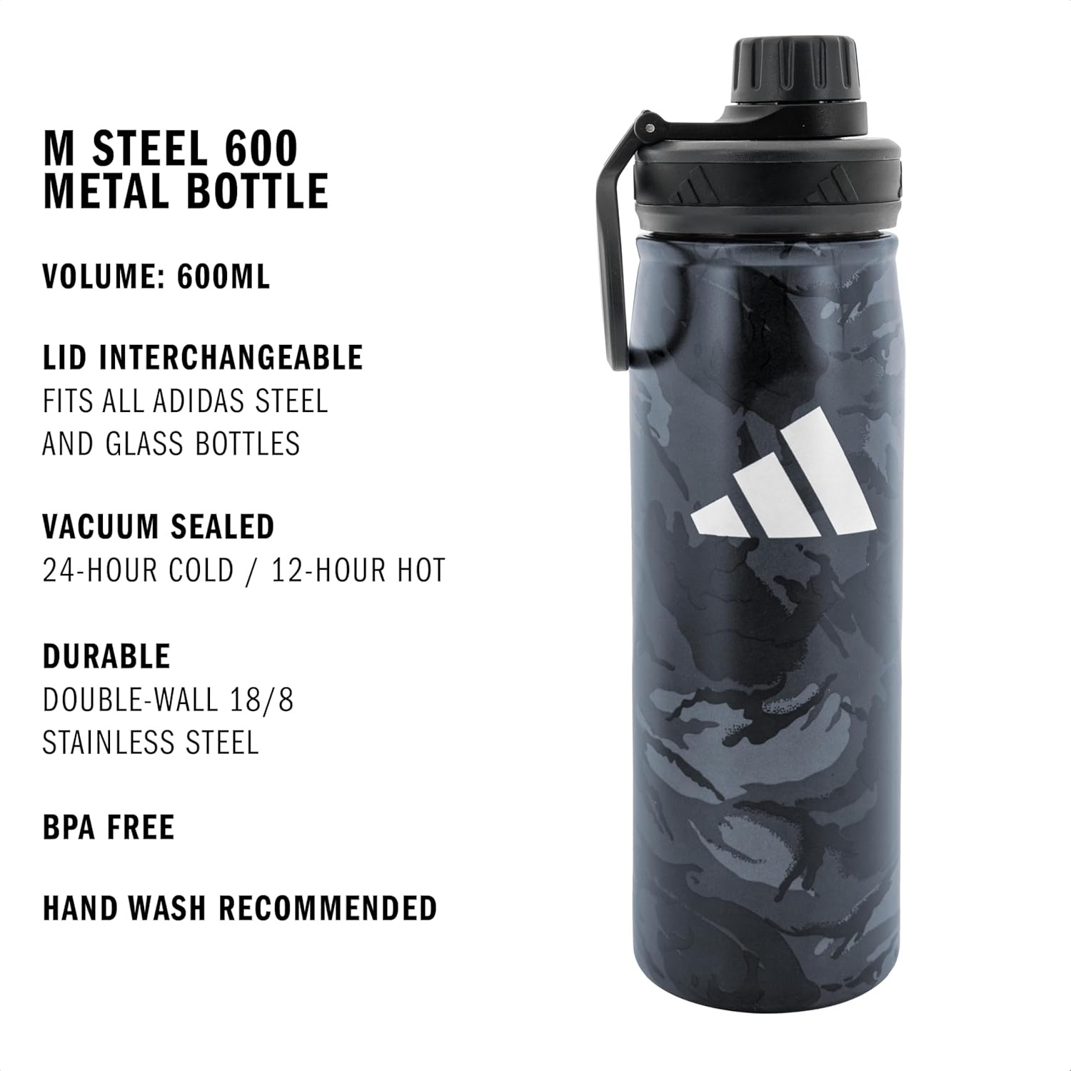 image:imageadidas Stainless Steel Metal Water Bottle 20 oz 600 mL Screw CapNight GreyGrey FourGrey Six