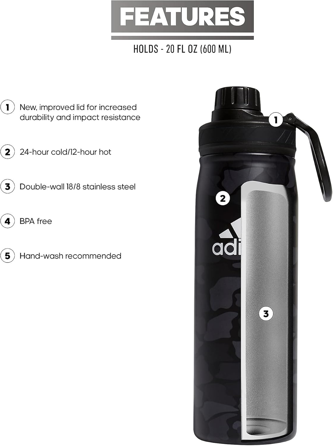 image:imageadidas Stainless Steel Metal Water Bottle 20 oz 600 mL Screw CapNomad Camo GreycarbonWhiteBlack