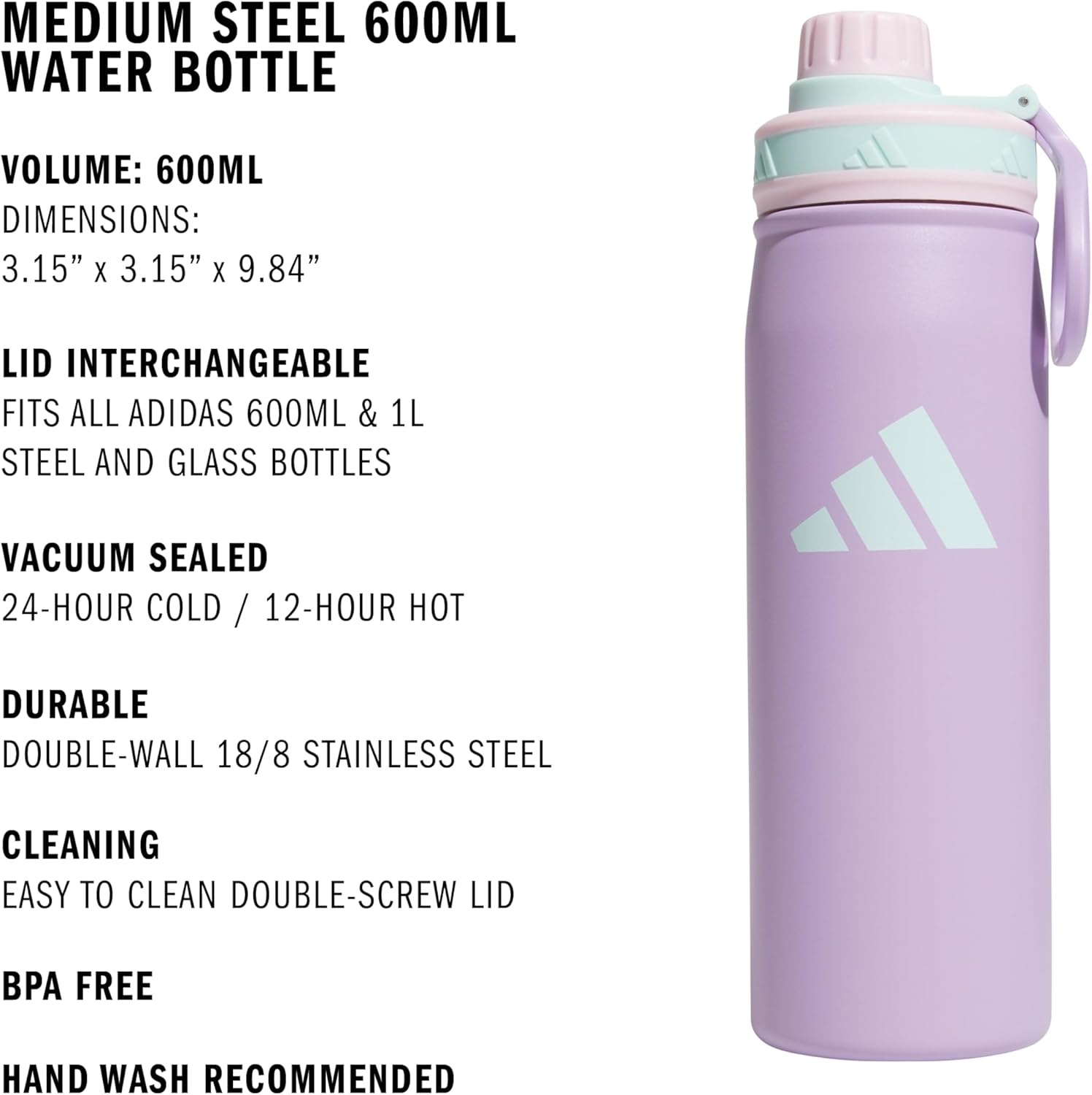 image:imageadidas Stainless Steel Metal Water Bottle 20 oz 600 mL Screw CapPowder Plum PurpleClear PinkSemi Flash Aqua Blue