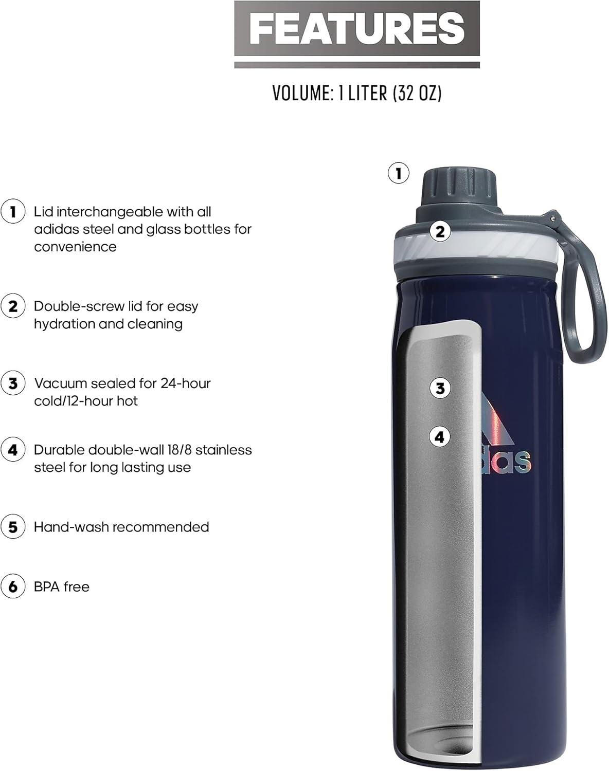 image:imageadidas Stainless Steel Metal Water Bottle 20 oz 600 mL Screw CapShadow NavyOnix GreySilver Reflective