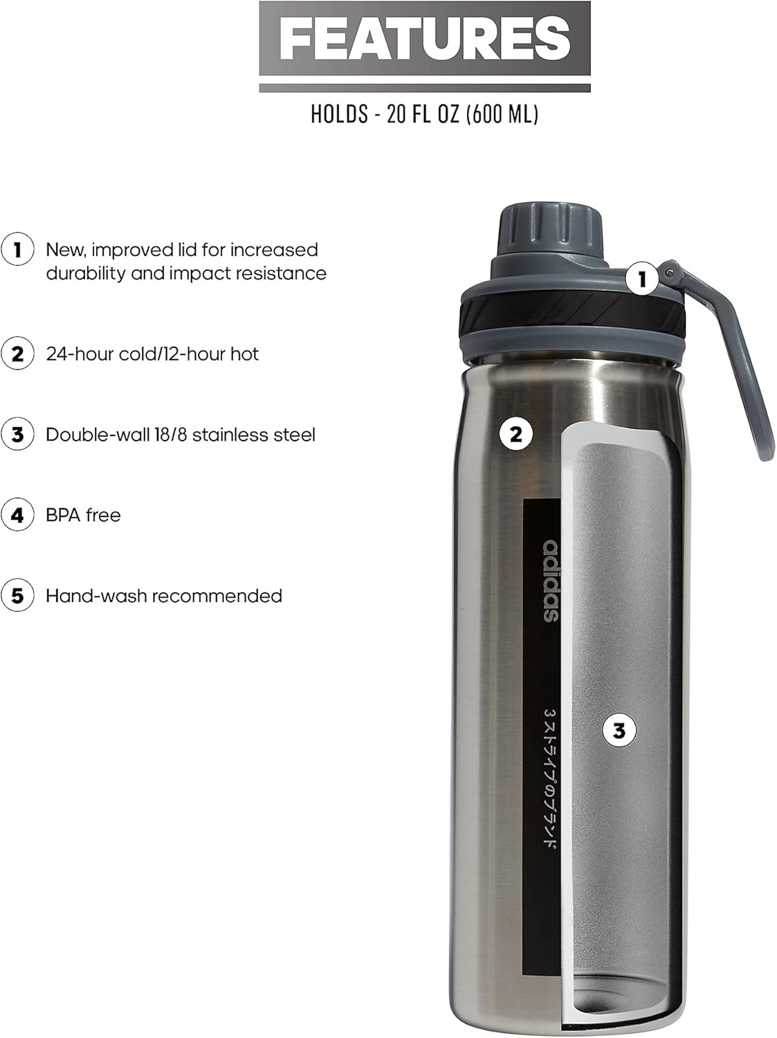 image:imageadidas Stainless Steel Metal Water Bottle 20 oz 600 mL Screw CapStainless SteelOnix GreyBlack