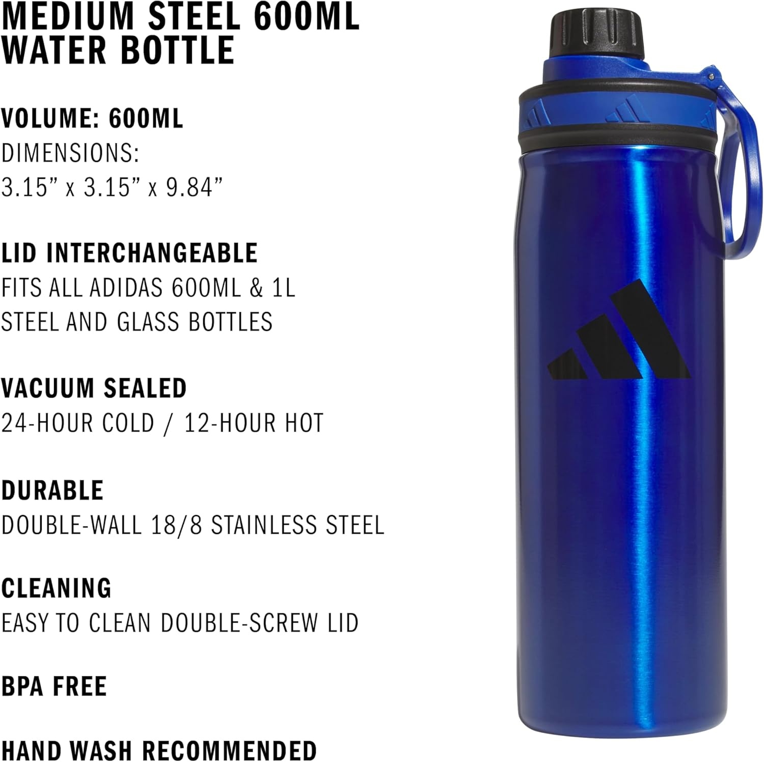image:imageadidas Stainless Steel Metal Water Bottle 20 oz 600 mL Screw CapTeam Royal BlueBlack