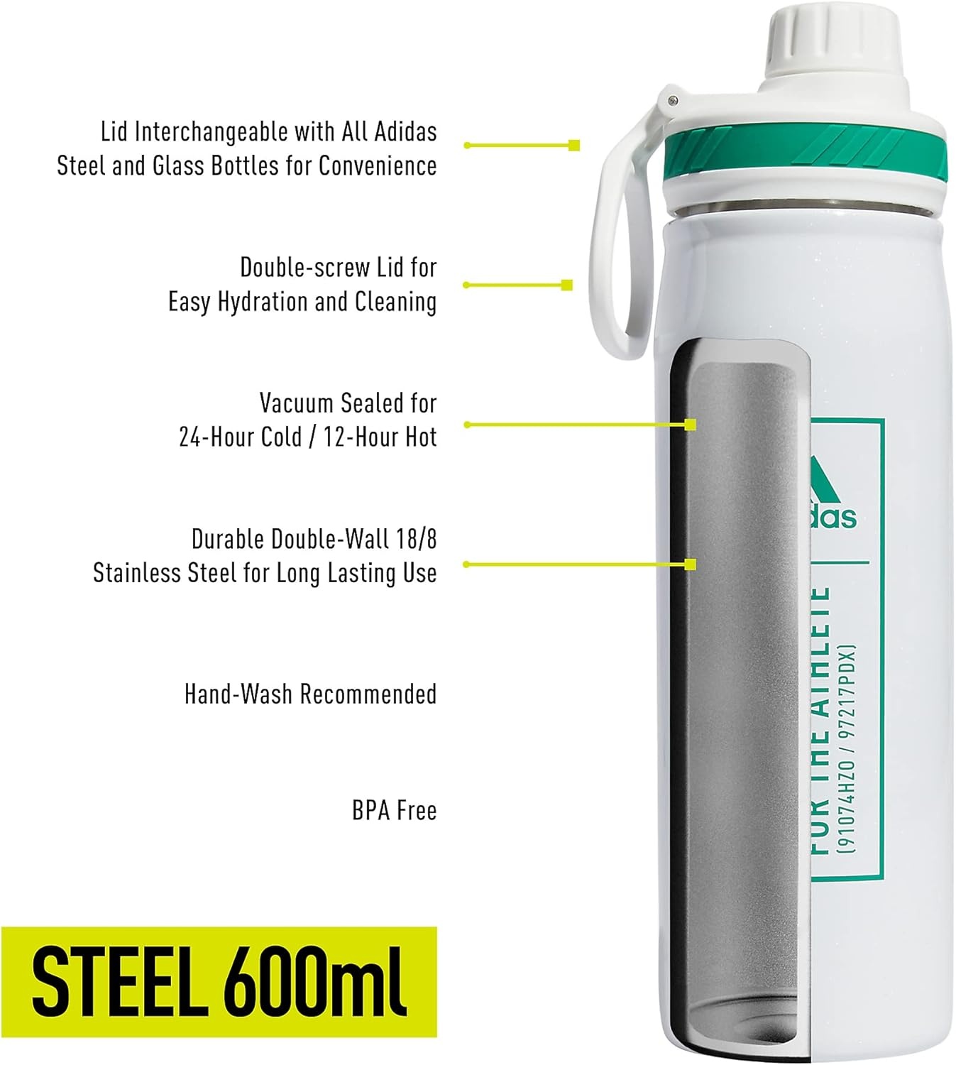 image:imageadidas Stainless Steel Metal Water Bottle 20 oz 600 mL Screw CapWhiteCourt Green
