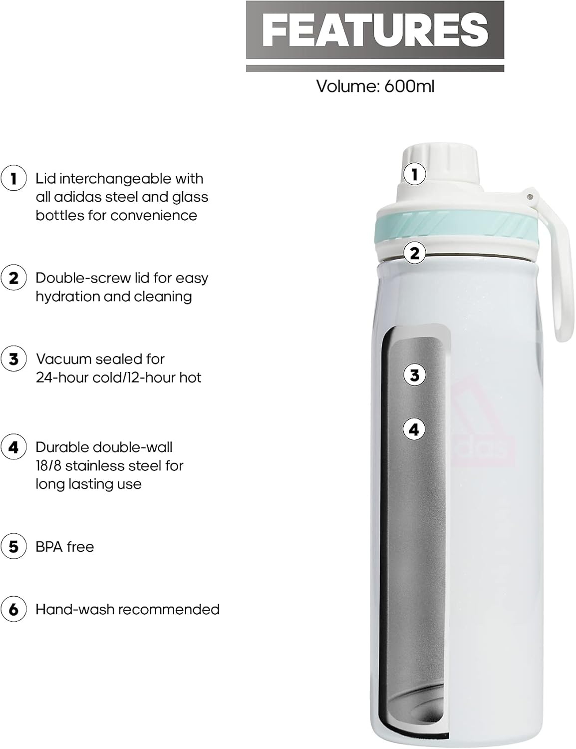 image:imageadidas Stainless Steel Metal Water Bottle 20 oz 600 mL Screw CapWhiteOrchid Fusion PurpleSemi Flash Aqua Blue