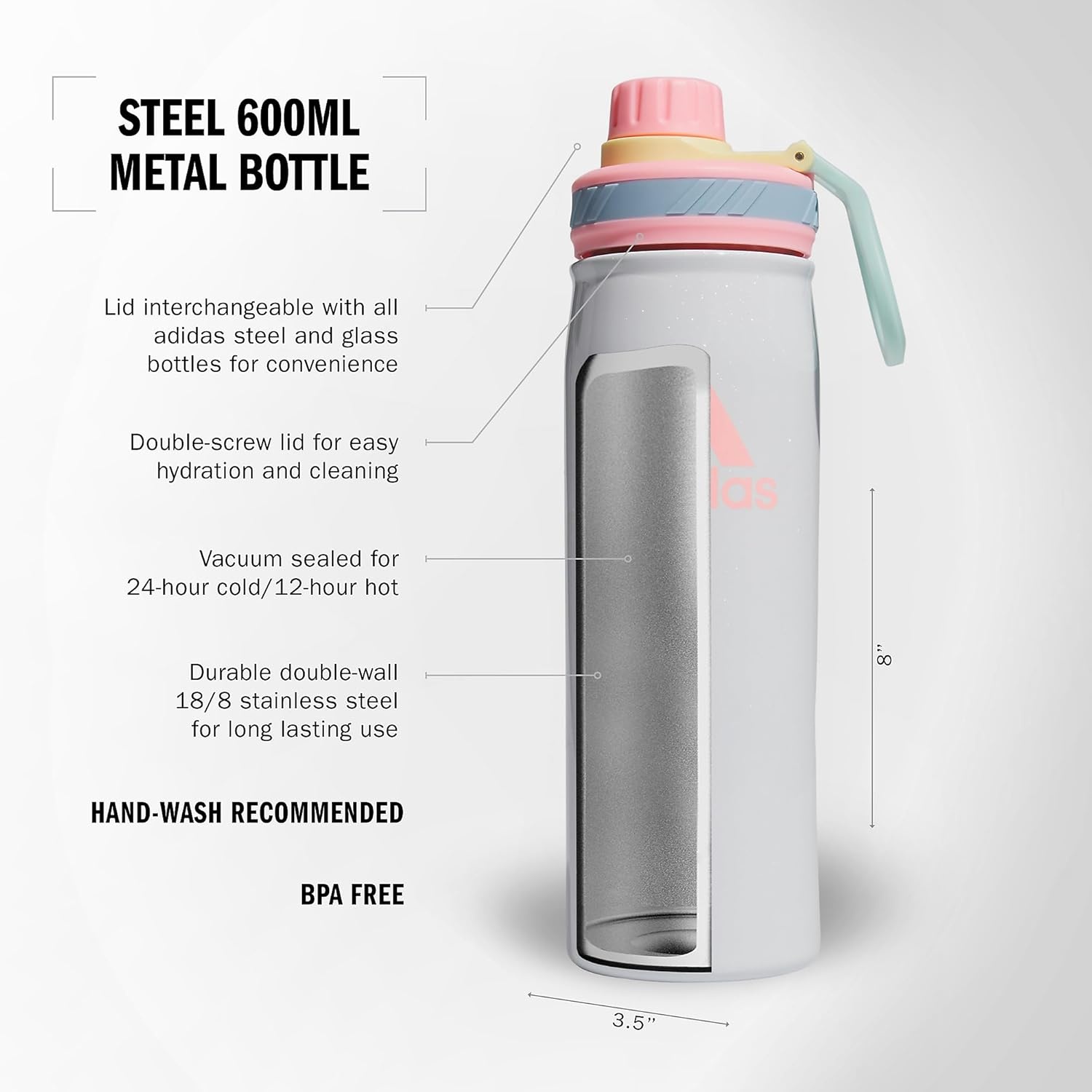 image:imageadidas Stainless Steel Metal Water Bottle 20 oz 600 mL Screw CapWhitePink SparkClear Sky Blue