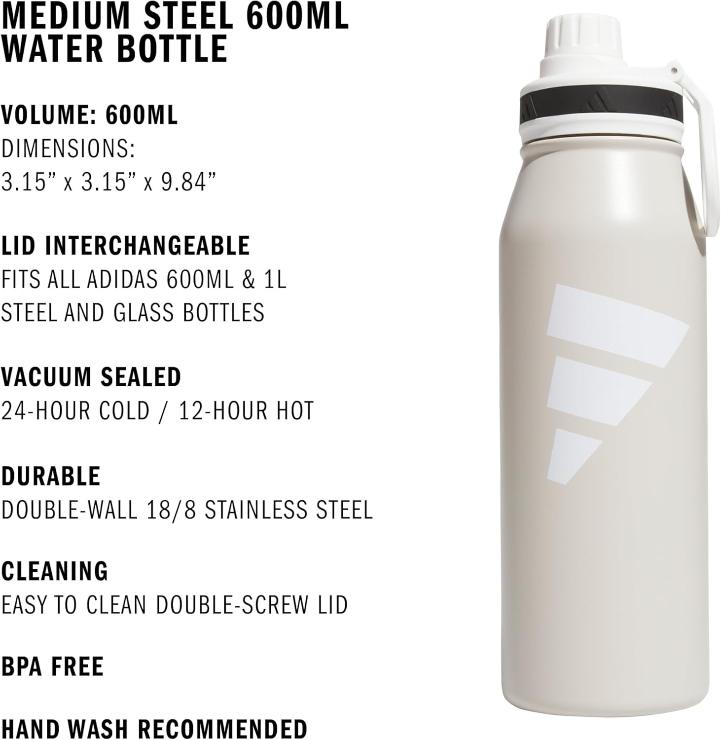 image:imageadidas Stainless Steel Metal Water Bottle 34 oz 1L Screw CapAlumina BeigeWhiteBlack