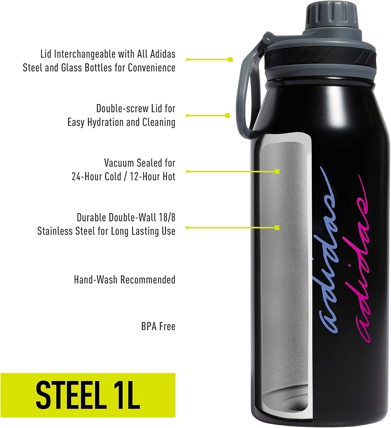 image:imageadidas Stainless Steel Metal Water Bottle 34 oz 1L Screw CapBlackPulse Mint GreenBlue Fusion