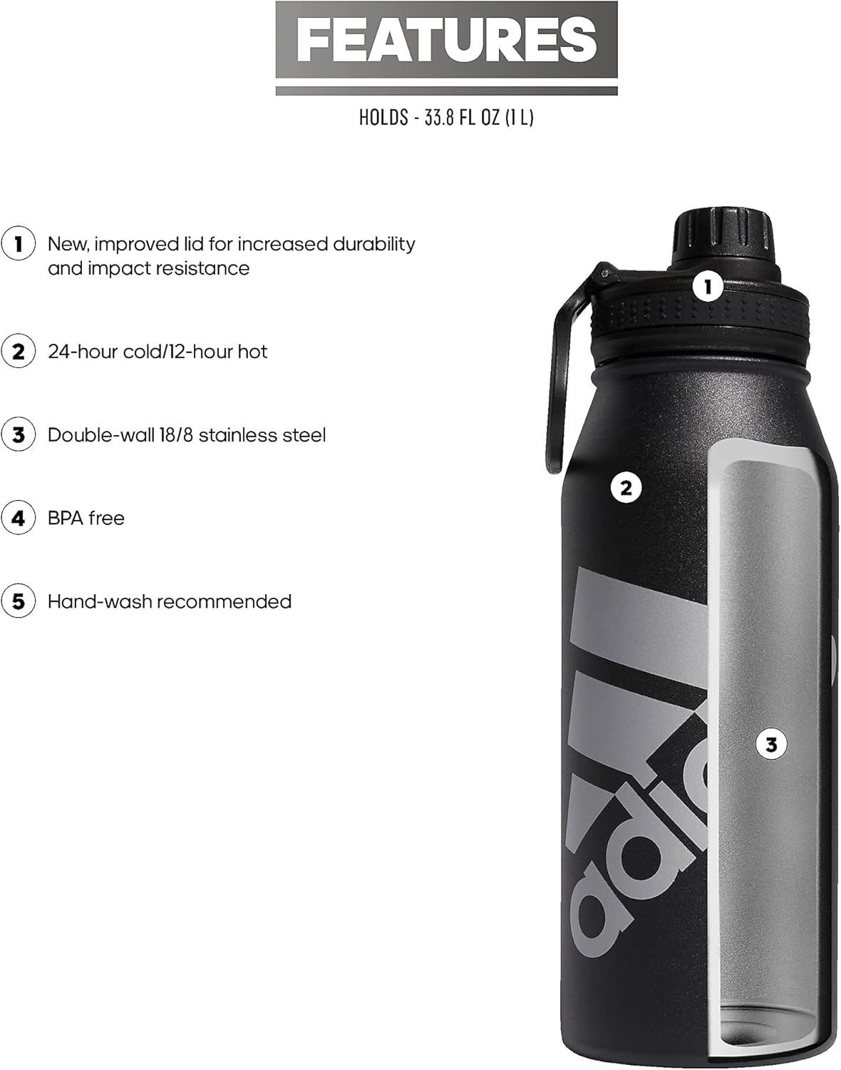 image:imageadidas Stainless Steel Metal Water Bottle 34 oz 1L Screw CapBlackSilver Metallic