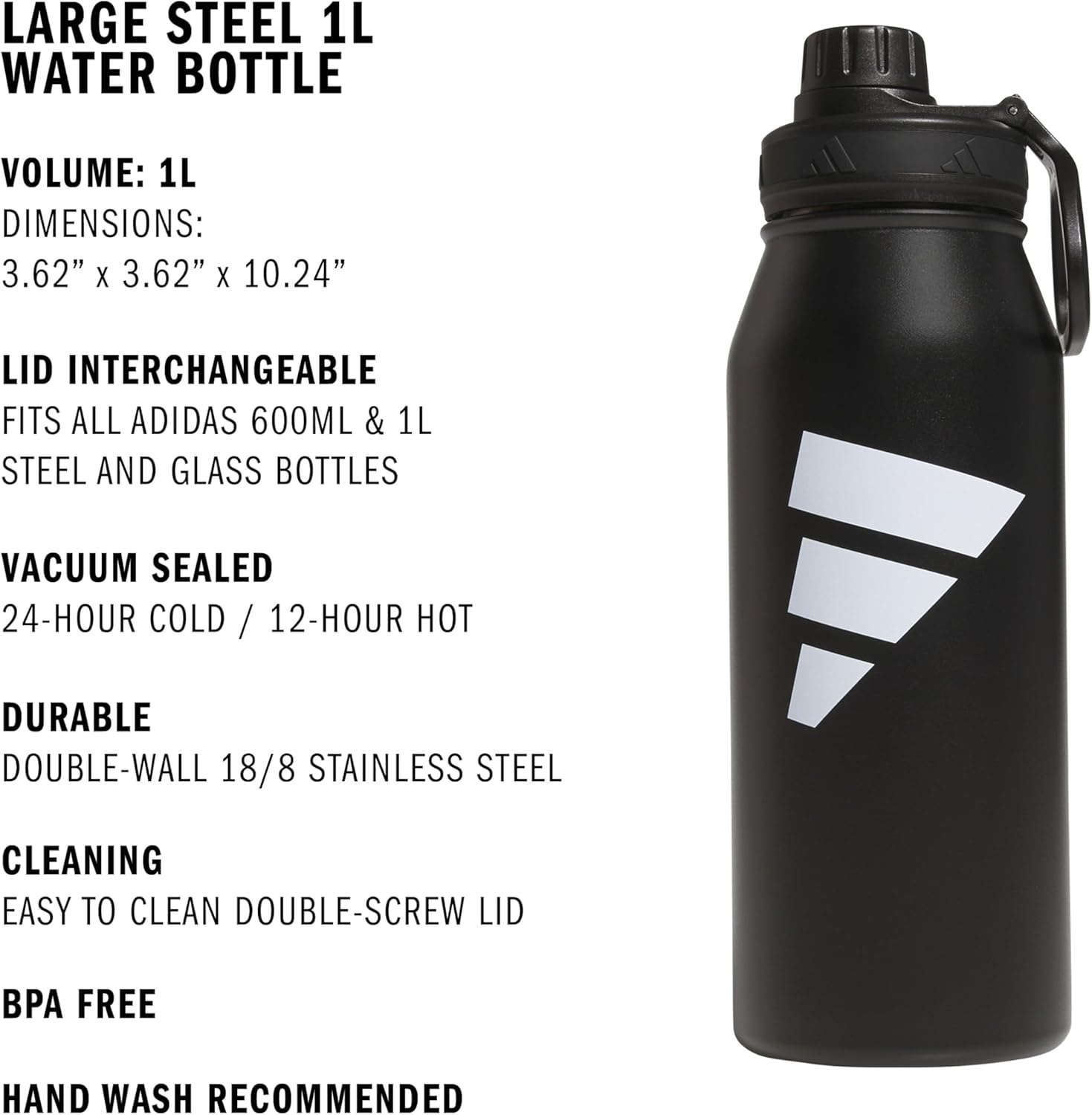 image:imageadidas Stainless Steel Metal Water Bottle 34 oz 1L Screw CapBlackWhite2