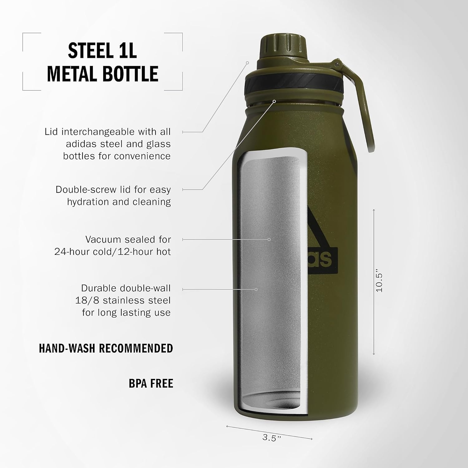 image:imageadidas Stainless Steel Metal Water Bottle 34 oz 1L Screw CapFocus Olive GreenBlack