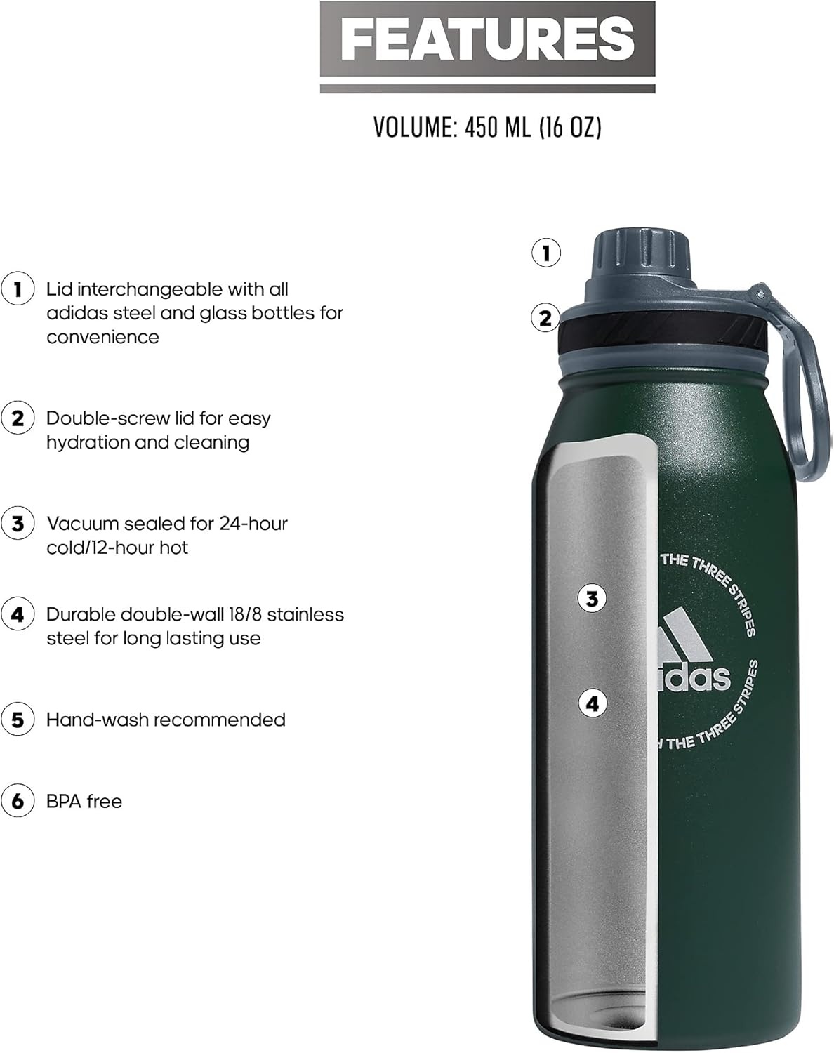 image:imageadidas Stainless Steel Metal Water Bottle 34 oz 1L Screw CapGreen OxideOnix GreySilver Metallic