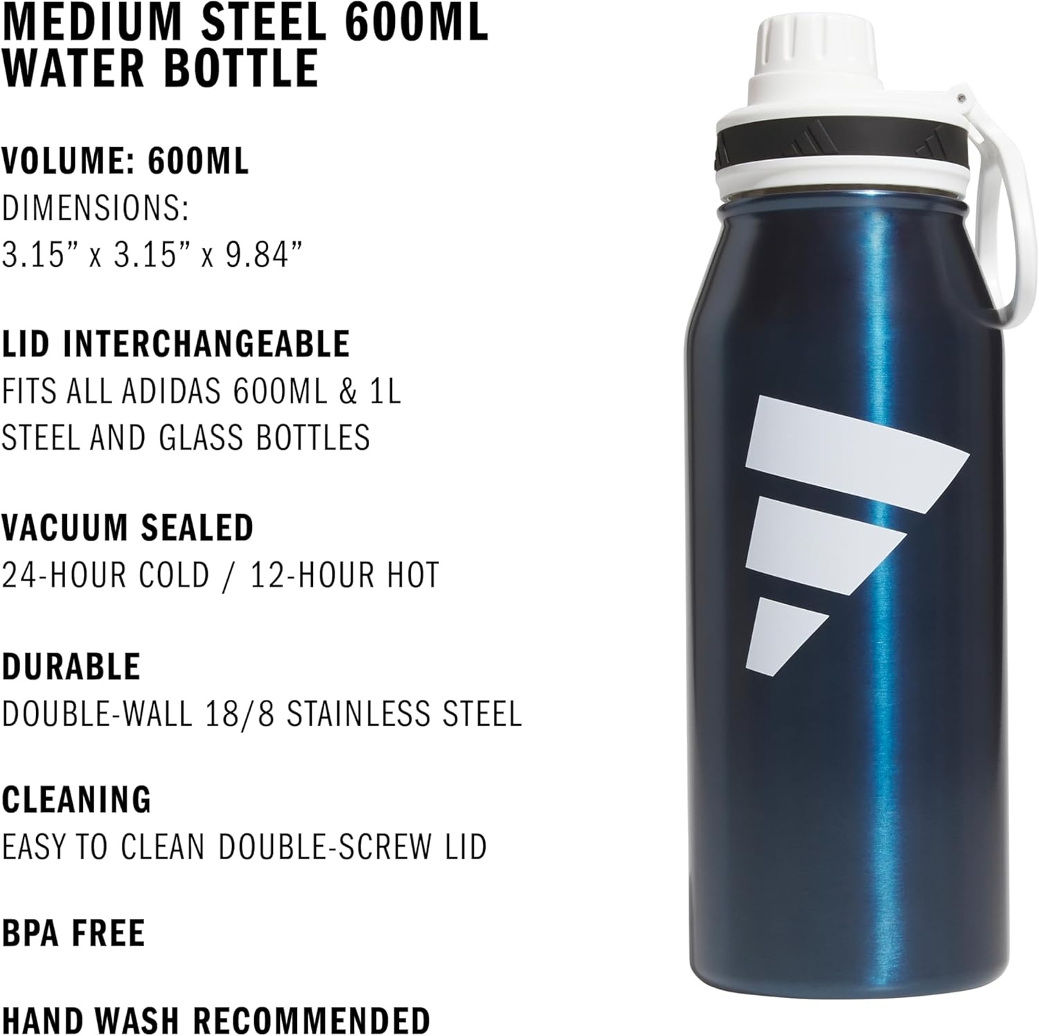 image:imageadidas Stainless Steel Metal Water Bottle 34 oz 1L Screw CapMineral BlueWhiteBlack