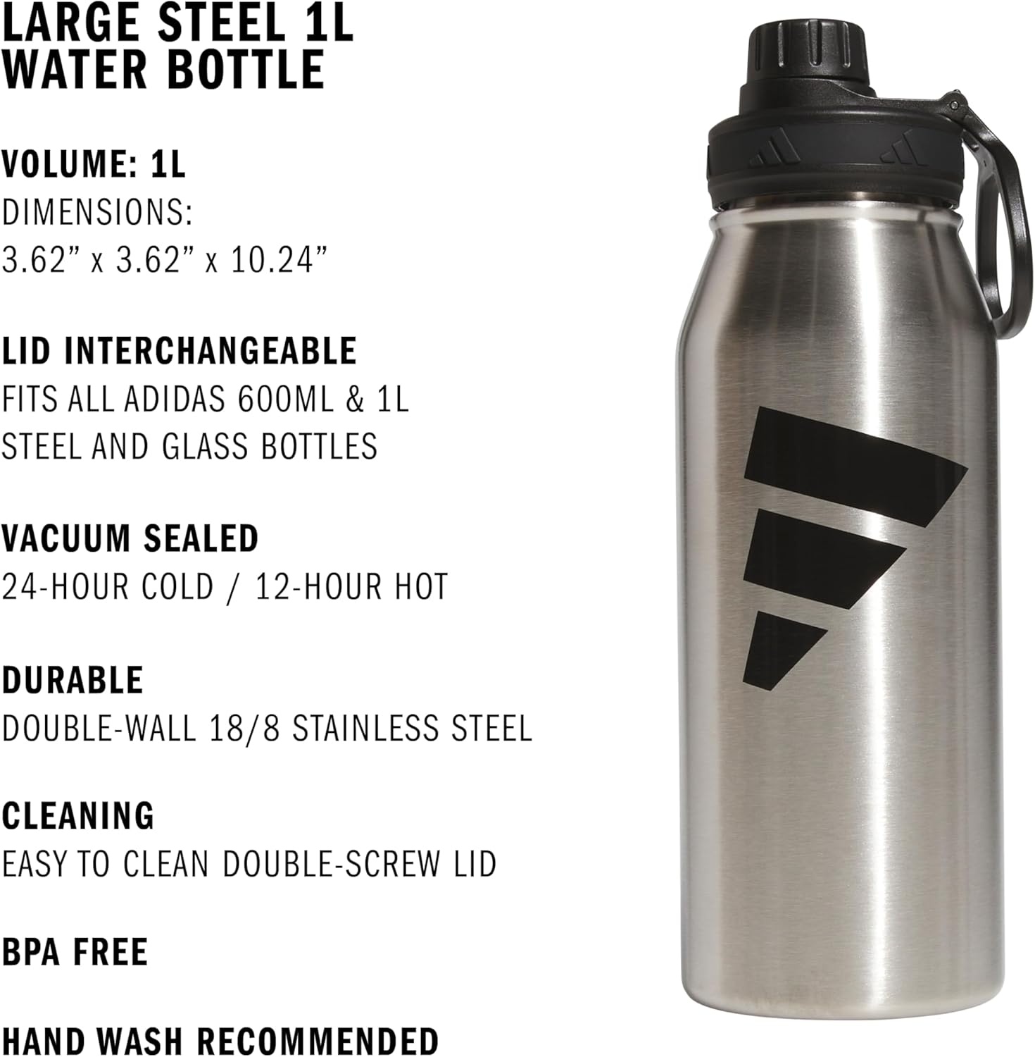 image:imageadidas Stainless Steel Metal Water Bottle 34 oz 1L Screw CapStainless SteelBlack