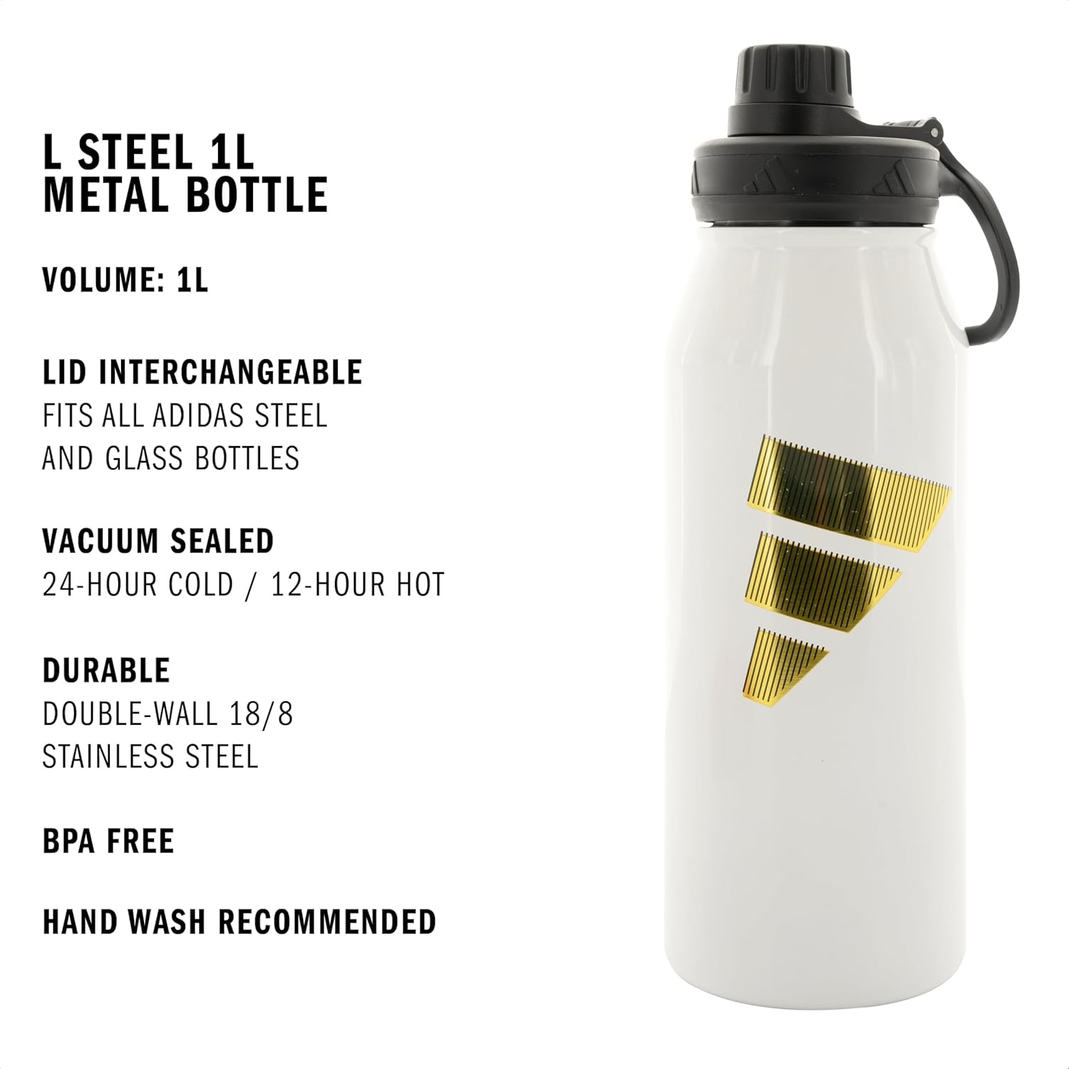 image:imageadidas Stainless Steel Metal Water Bottle 34 oz 1L Screw CapWhiteGold MetallicBlack