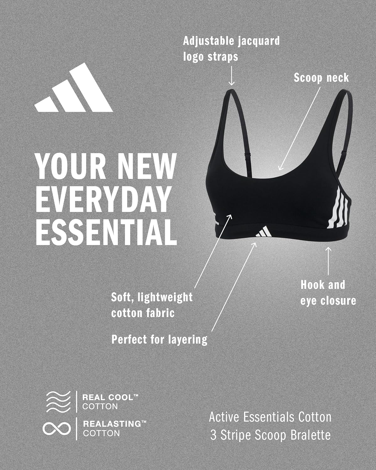 image:imageadidas Womens 3 Stripes Active Essentials Cotton Scoop Bralette with Removable CookiesBlack