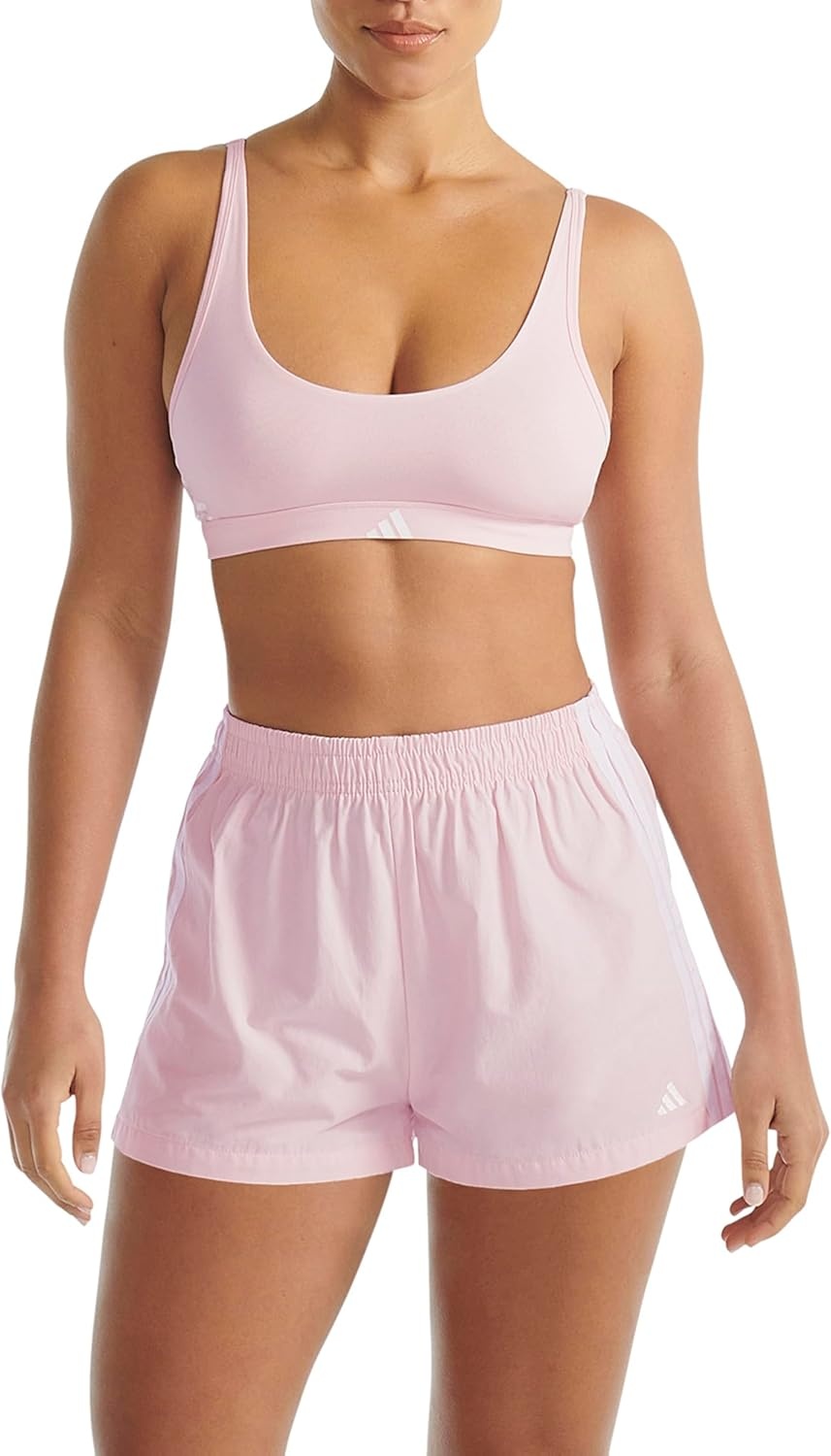 image:imageadidas Womens 3 Stripes Active Essentials Cotton Scoop Bralette with Removable CookiesClear Pink