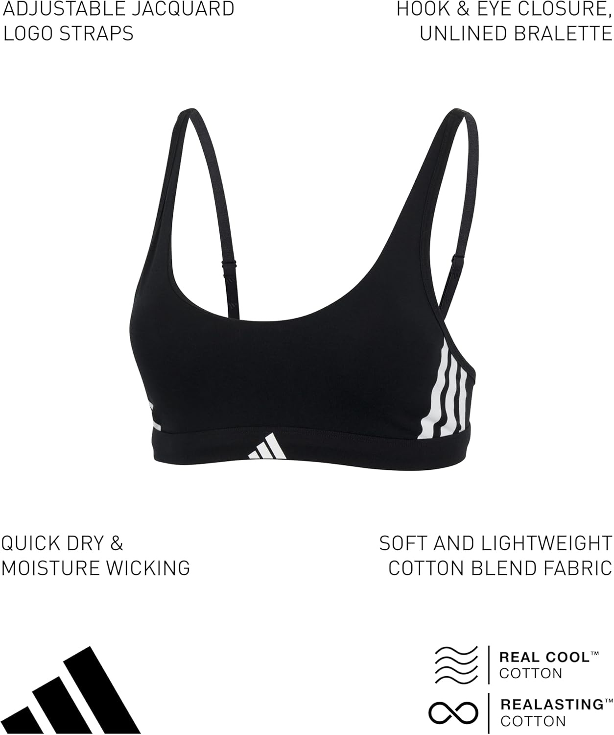 image:imageadidas Womens 3 Stripes Active Essentials Cotton Scoop Bralette with Removable CookiesSilver Pebble
