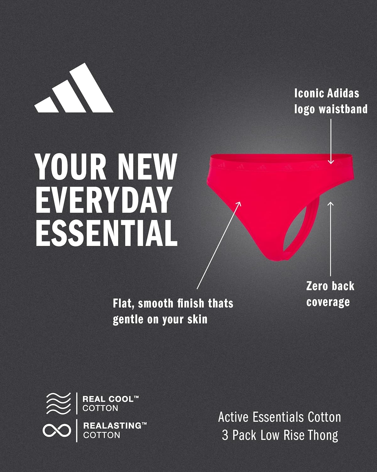 image:imageadidas Womens Active Essentials Low Rise Cotton Thong UnderwearBlack