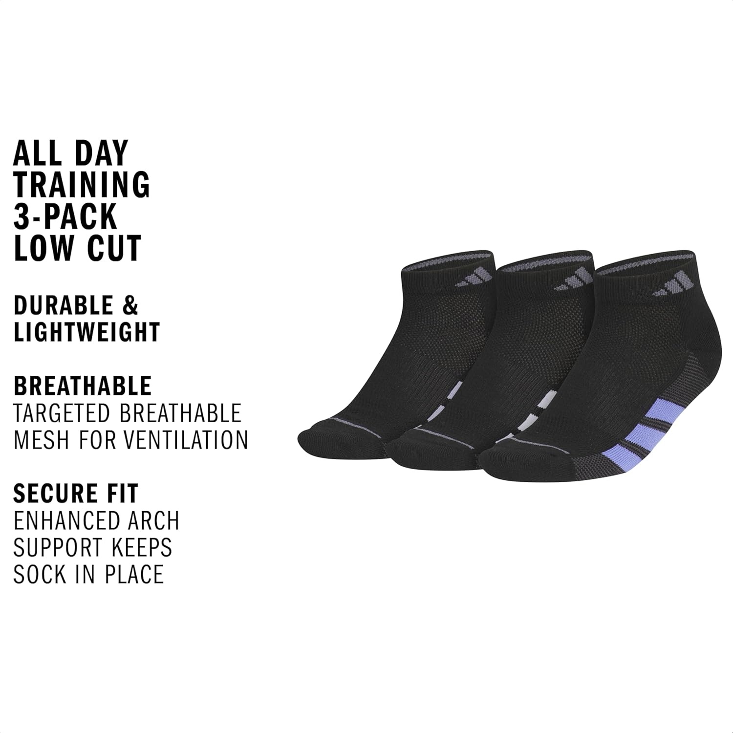 image:imageadidas Womens All Day Training Workout Socks 3 Pairs Multiple HeightsBlackViolet Tone PurpleWhiteLow Cut