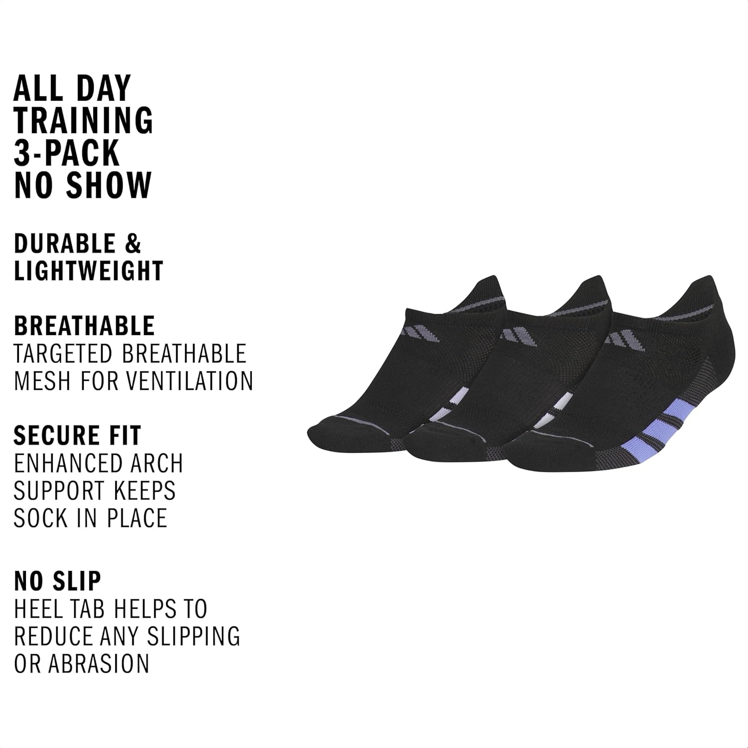 image:imageadidas Womens All Day Training Workout Socks 3 Pairs Multiple HeightsBlackViolet Tone PurpleWhiteNo Show