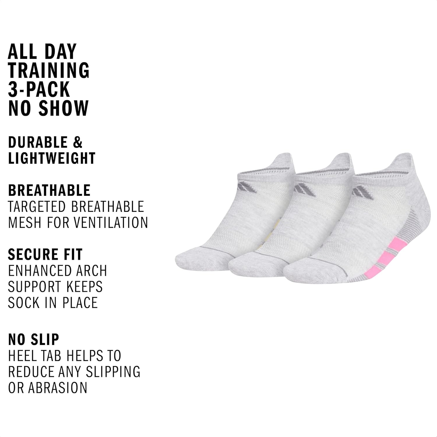 image:imageadidas Womens All Day Training Workout Socks 3 Pairs Multiple HeightsCool Light HeatherSemi Ice Tangerine OrangeWhiteNo Show