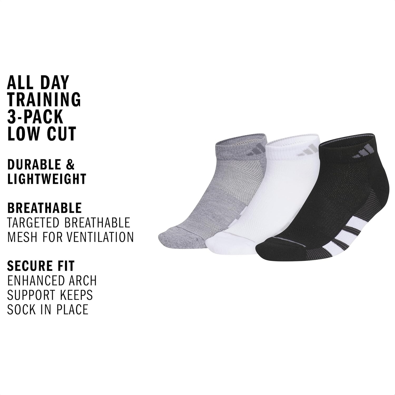 image:imageadidas Womens All Day Training Workout Socks 3 Pairs Multiple HeightsGreyWhiteBlackLow Cut