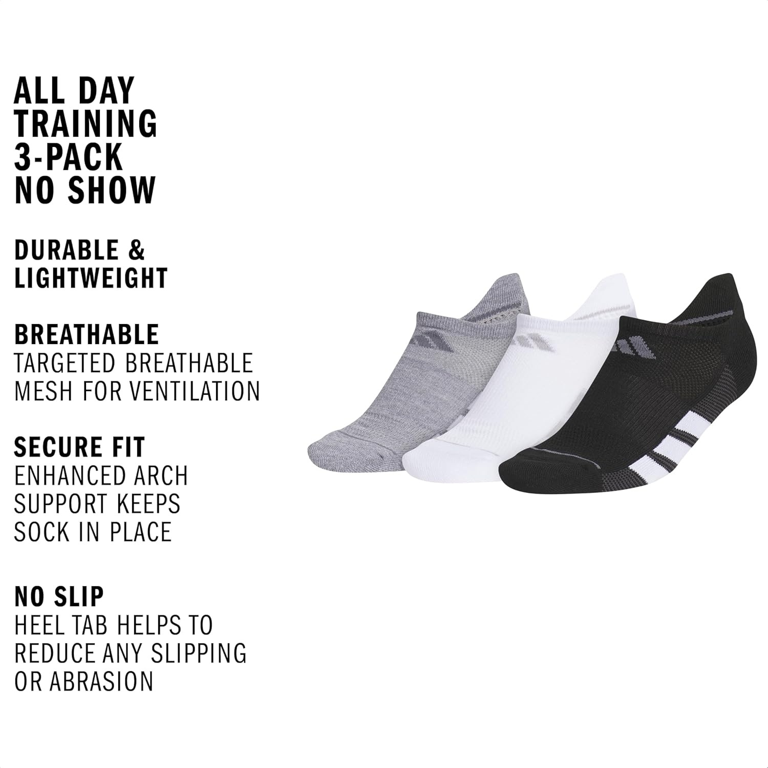 image:imageadidas Womens All Day Training Workout Socks 3 Pairs Multiple HeightsGreyWhiteBlackNo Show
