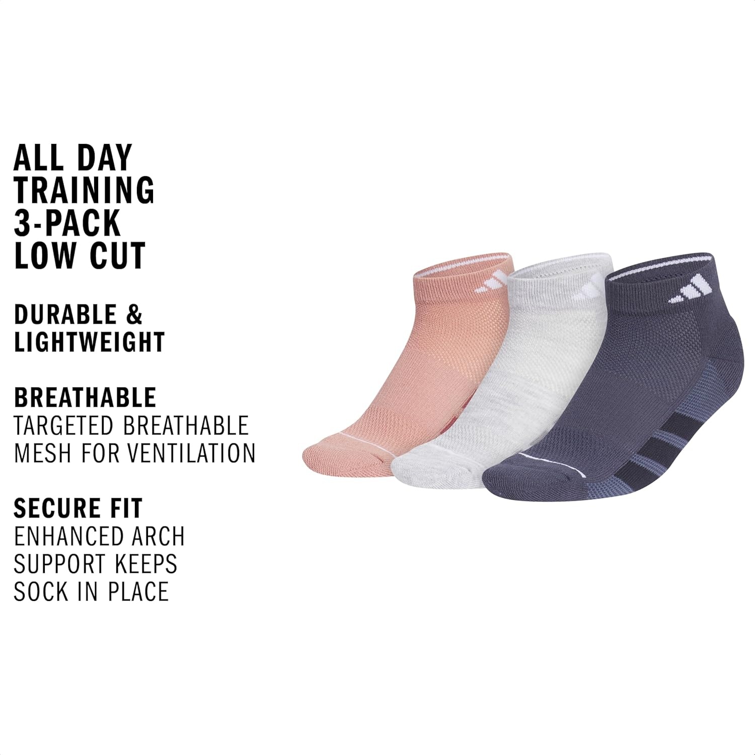 image:imageadidas Womens All Day Training Workout Socks 3 Pairs Multiple HeightsWarm Clay PinkCool Light HeatherShadow NavyLow Cut