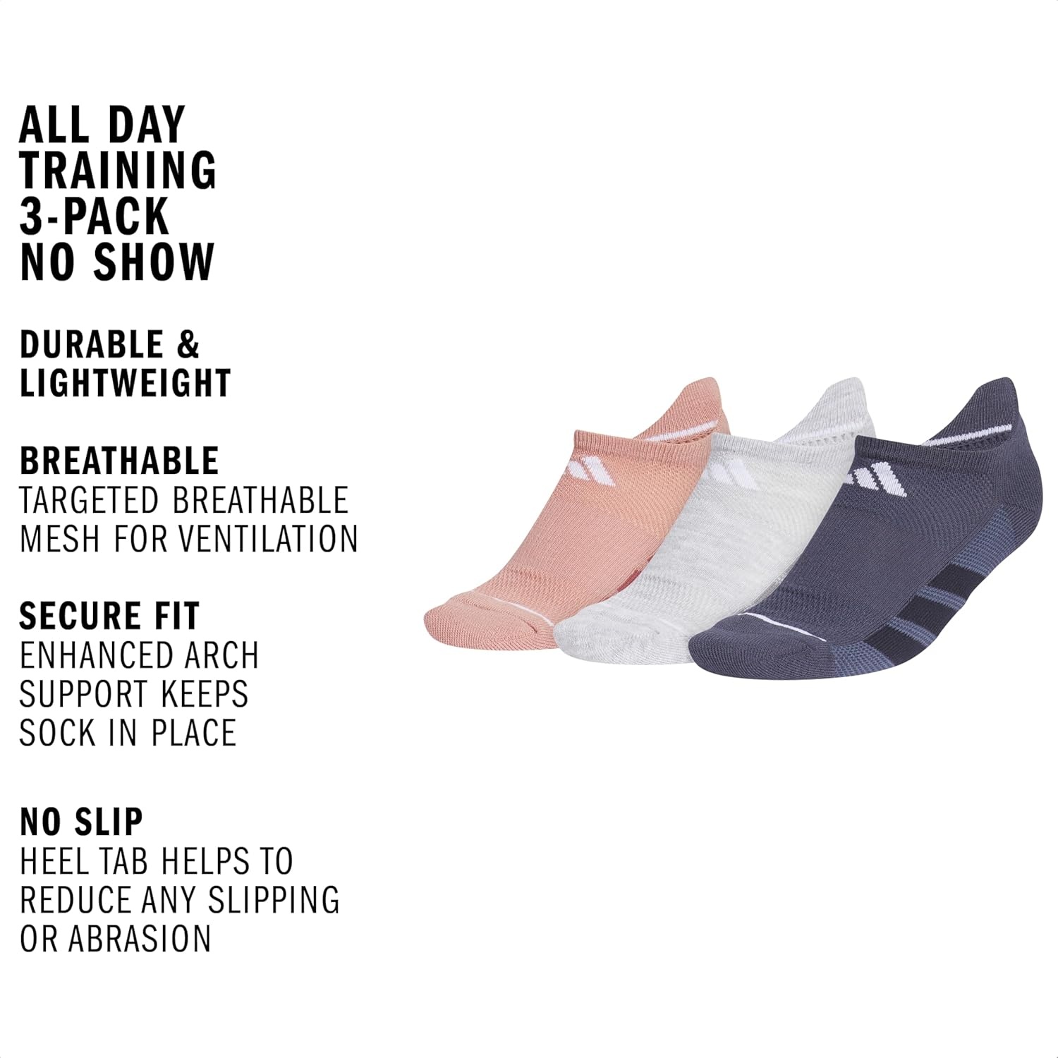 image:imageadidas Womens All Day Training Workout Socks 3 Pairs Multiple HeightsWarm Clay PinkCool Light HeatherShadow NavyNo Show