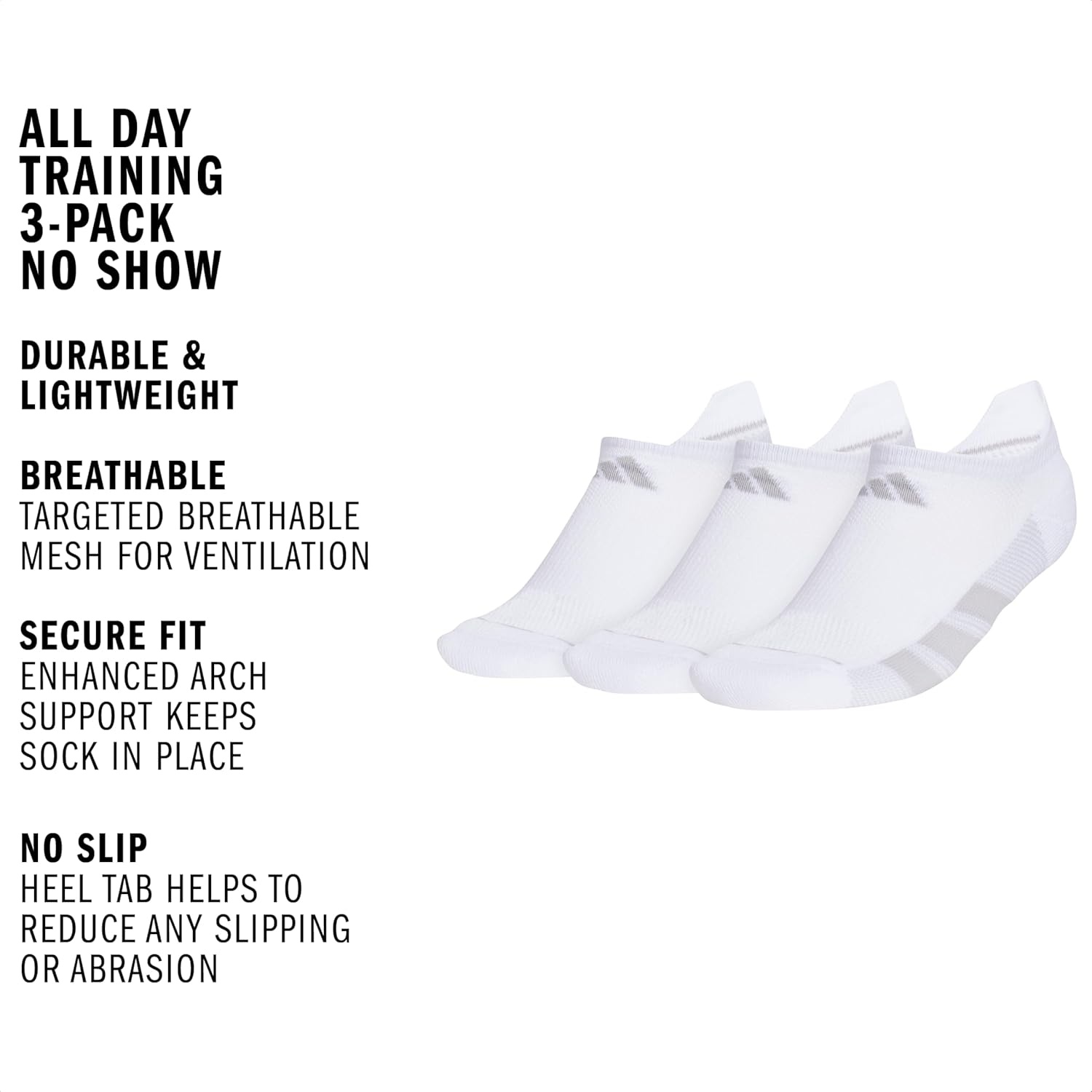 image:imageadidas Womens All Day Training Workout Socks 3 Pairs Multiple HeightsWhiteClear Onix GreyClear GreyNo Show