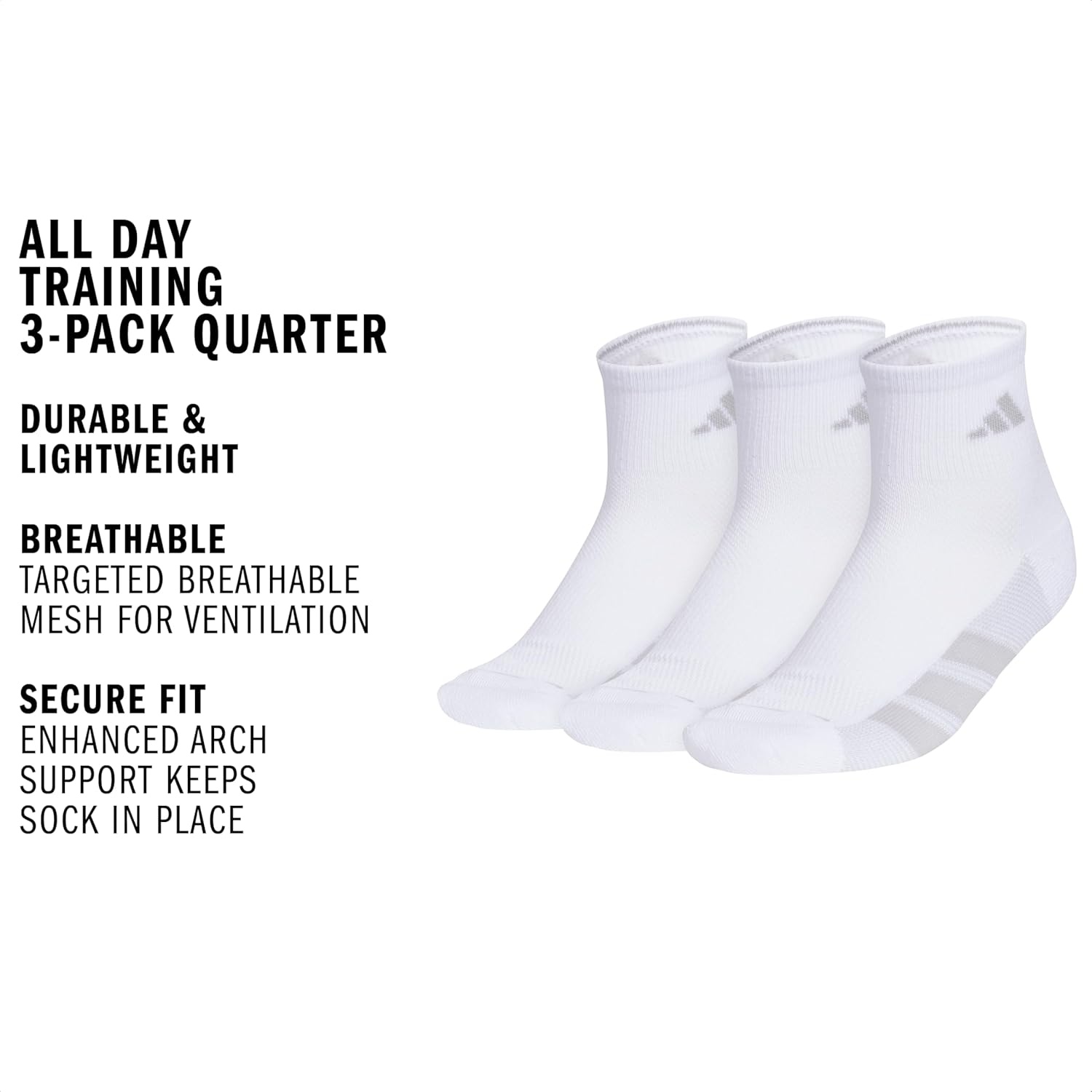 image:imageadidas Womens All Day Training Workout Socks 3 Pairs Multiple HeightsWhiteClear Onix GreyClear GreyQuarter