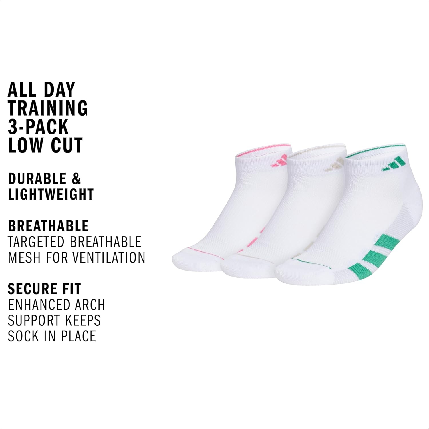 image:imageadidas Womens All Day Training Workout Socks 3 Pairs Multiple HeightsWhitePink FusionWonder Alumina GreyLow Cut