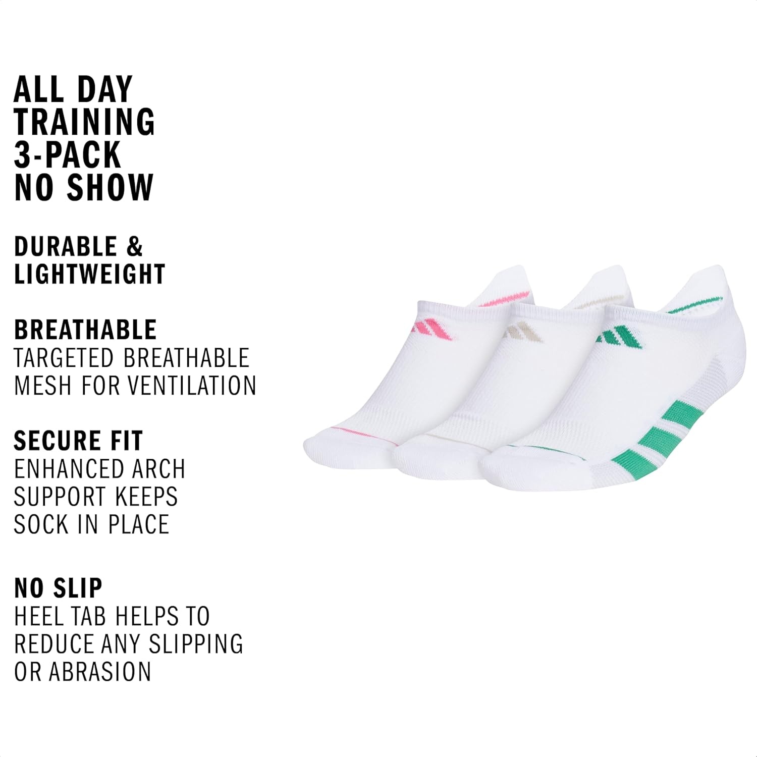 image:imageadidas Womens All Day Training Workout Socks 3 Pairs Multiple HeightsWhitePink FusionWonder Alumina GreyNo Show