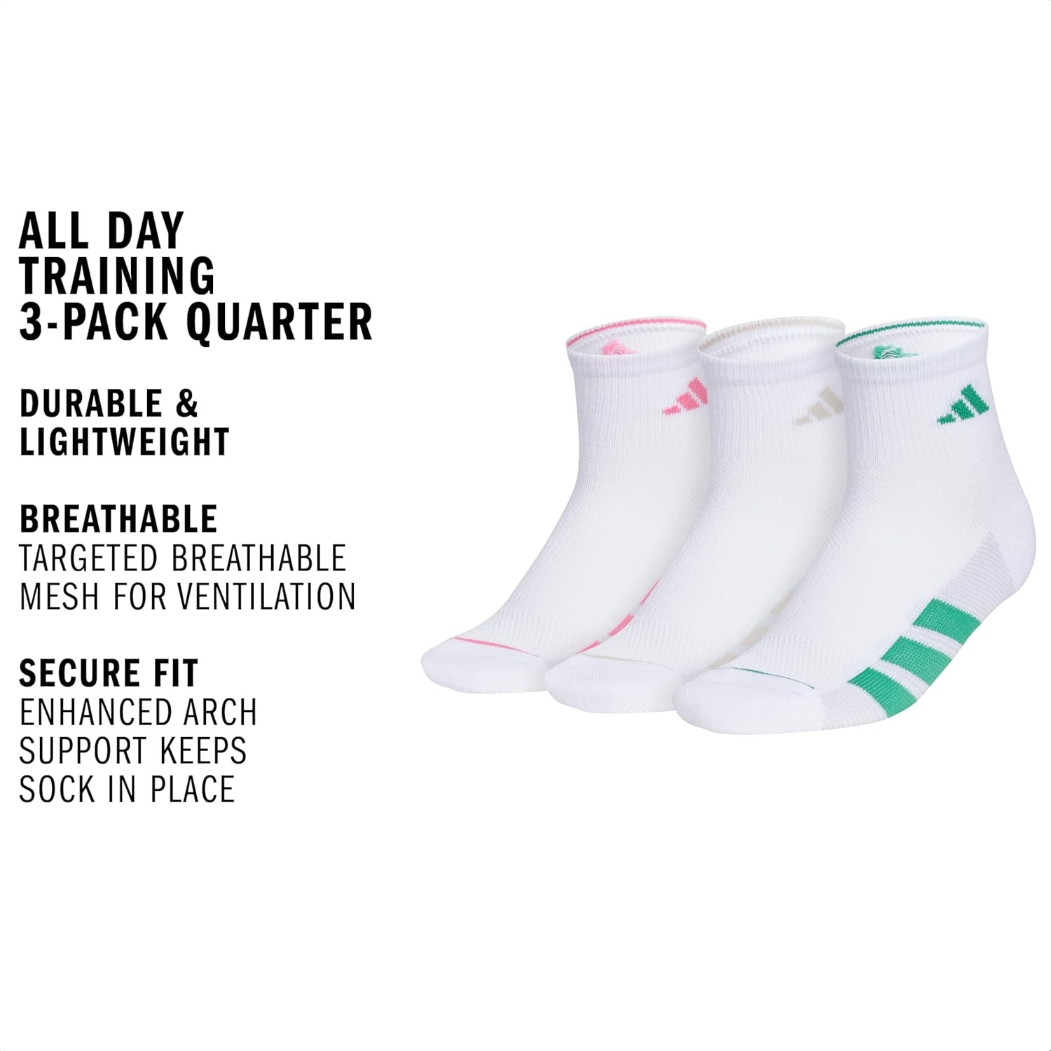 image:imageadidas Womens All Day Training Workout Socks 3 Pairs Multiple HeightsWhitePink FusionWonder Alumina GreyQuarter