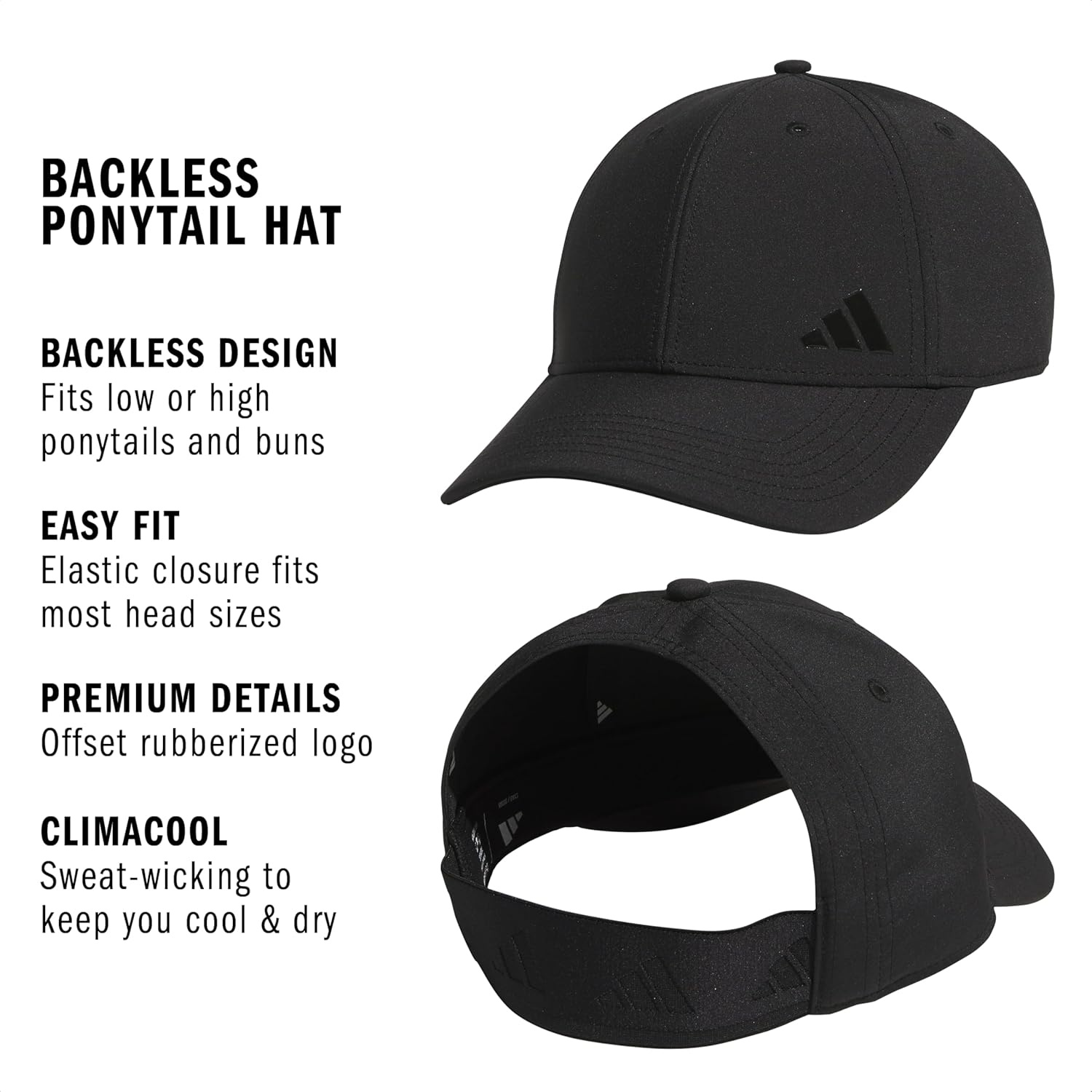 image:imageadidas Womens Backless Ponytail Hat Open Back Baseball CapBlackBlack3