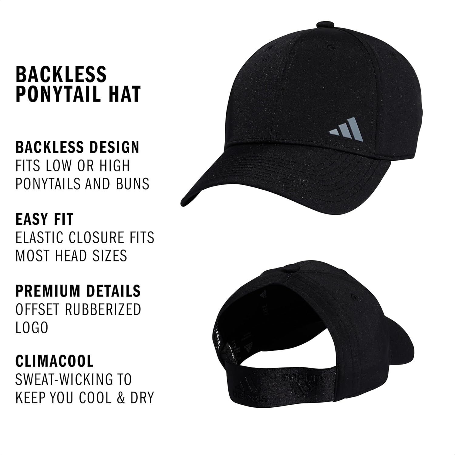 image:imageadidas Womens Backless Ponytail Hat Open Back Baseball CapBlackBlackGrey1