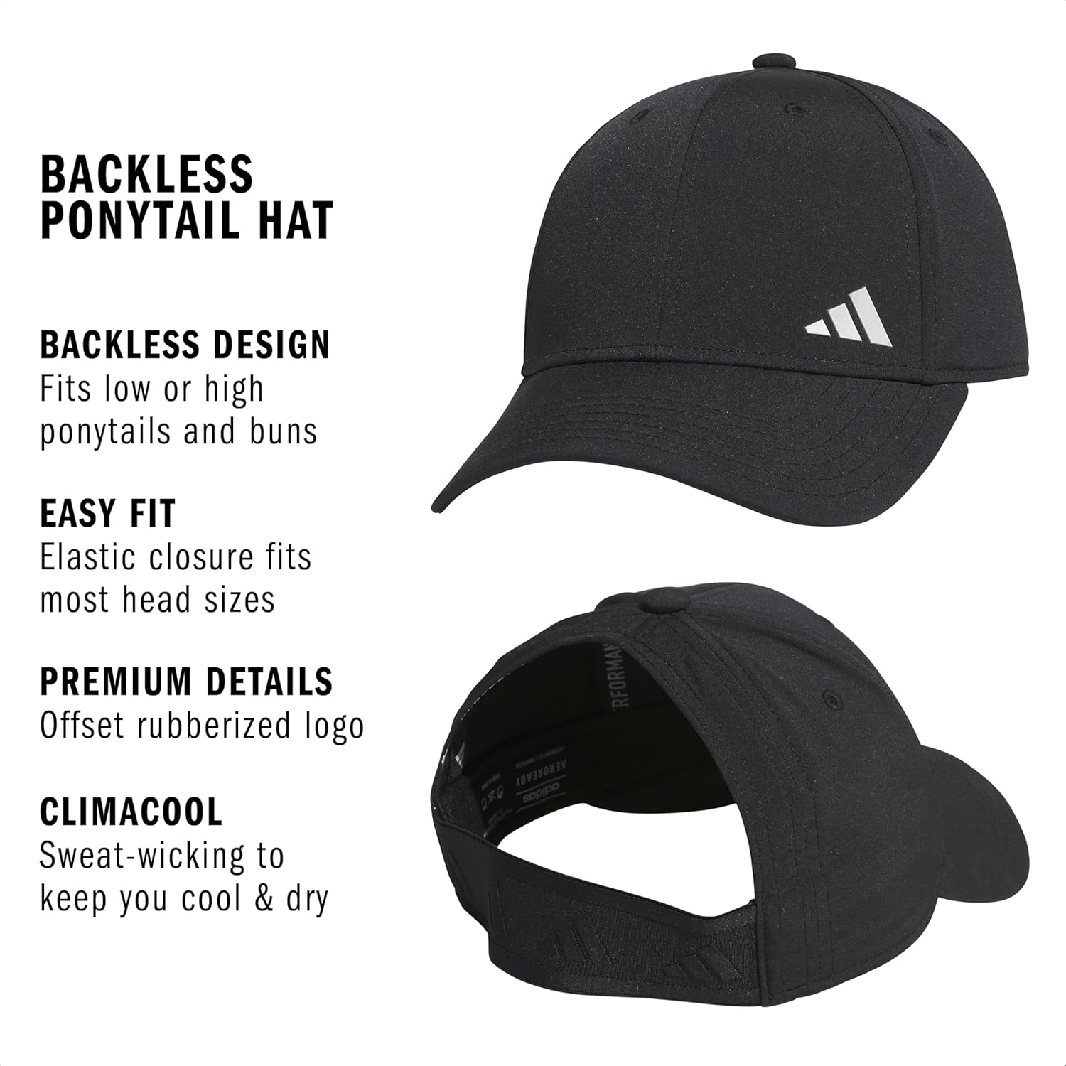 image:imageadidas Womens Backless Ponytail Hat Open Back Baseball CapBlackSilver Metallic2