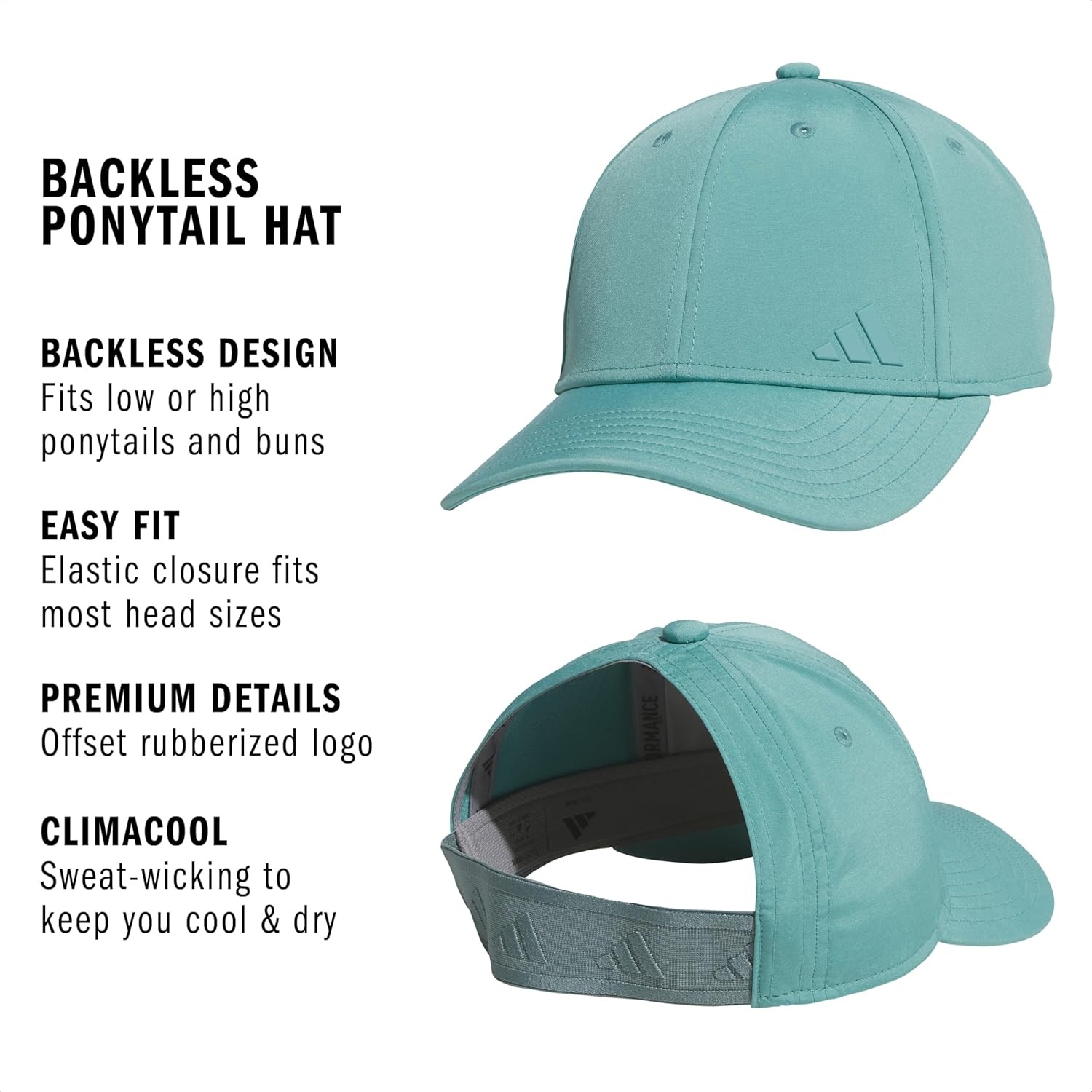 image:imageadidas Womens Backless Ponytail Hat Open Back Baseball CapPowder Teal Green2