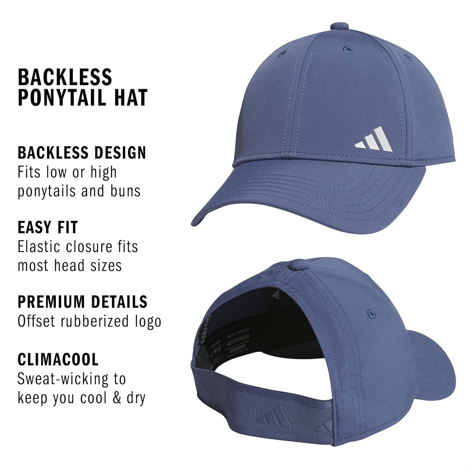 image:imageadidas Womens Backless Ponytail Hat Open Back Baseball CapPreloved Ink BlueSilver Metallic2