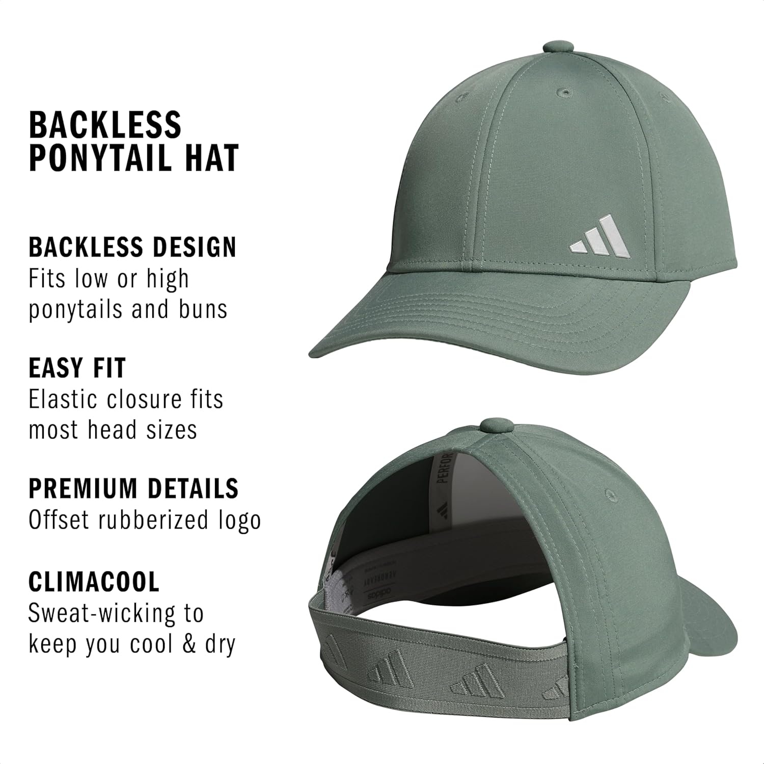 image:imageadidas Womens Backless Ponytail Hat Open Back Baseball CapSilver GreenSilver Metallic2