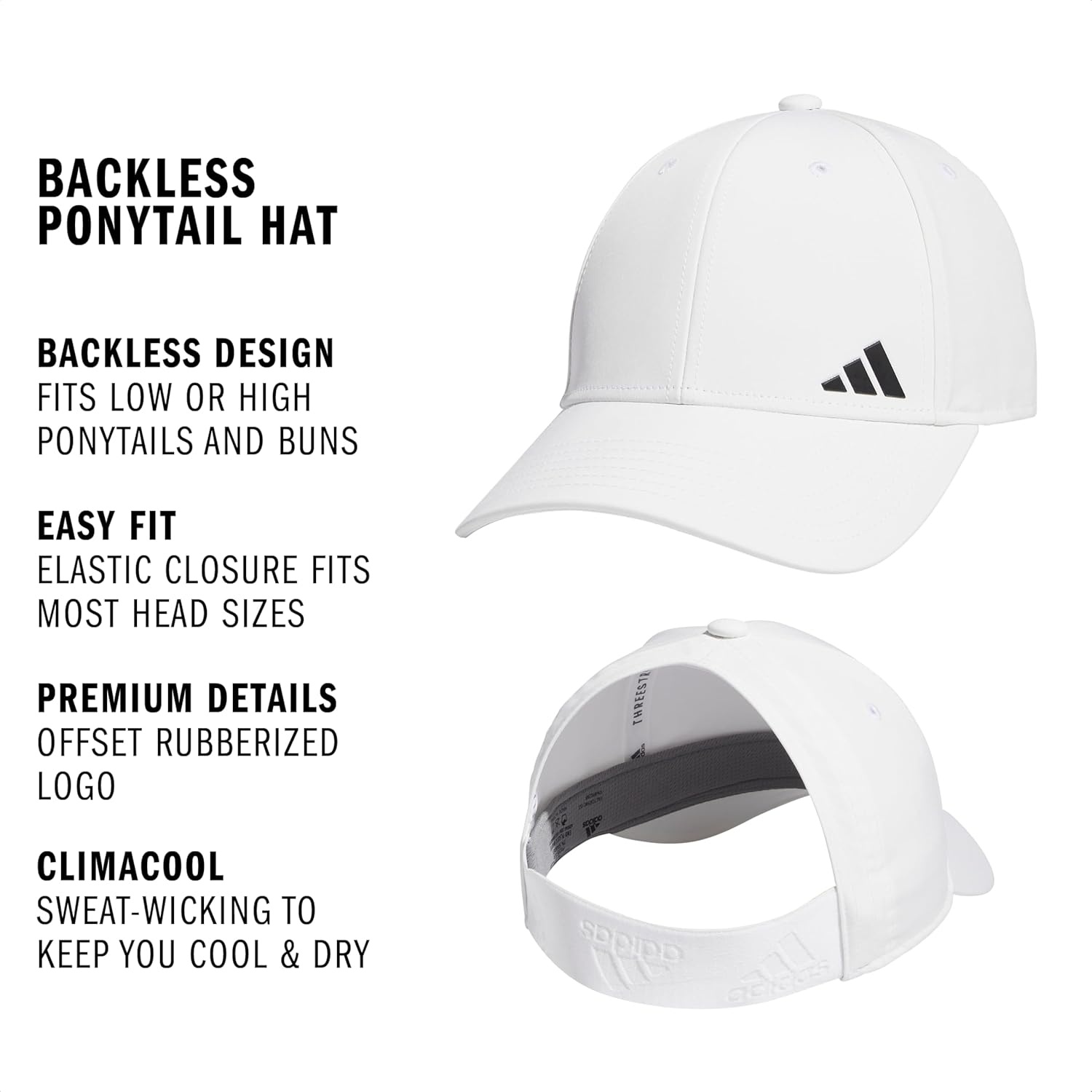 image:imageadidas Womens Backless Ponytail Hat Open Back Baseball CapWhiteBlack1