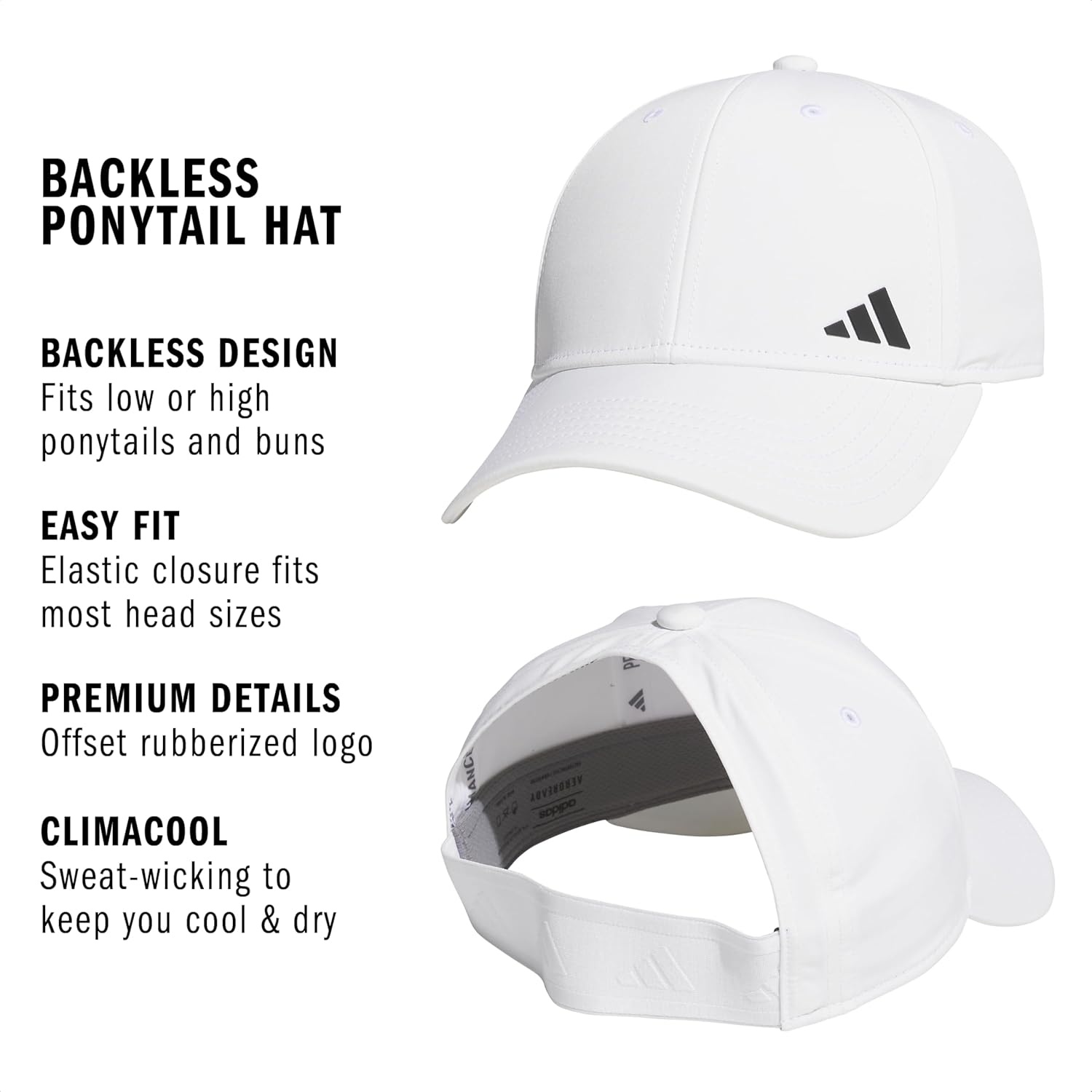 image:imageadidas Womens Backless Ponytail Hat Open Back Baseball CapWhiteBlack2