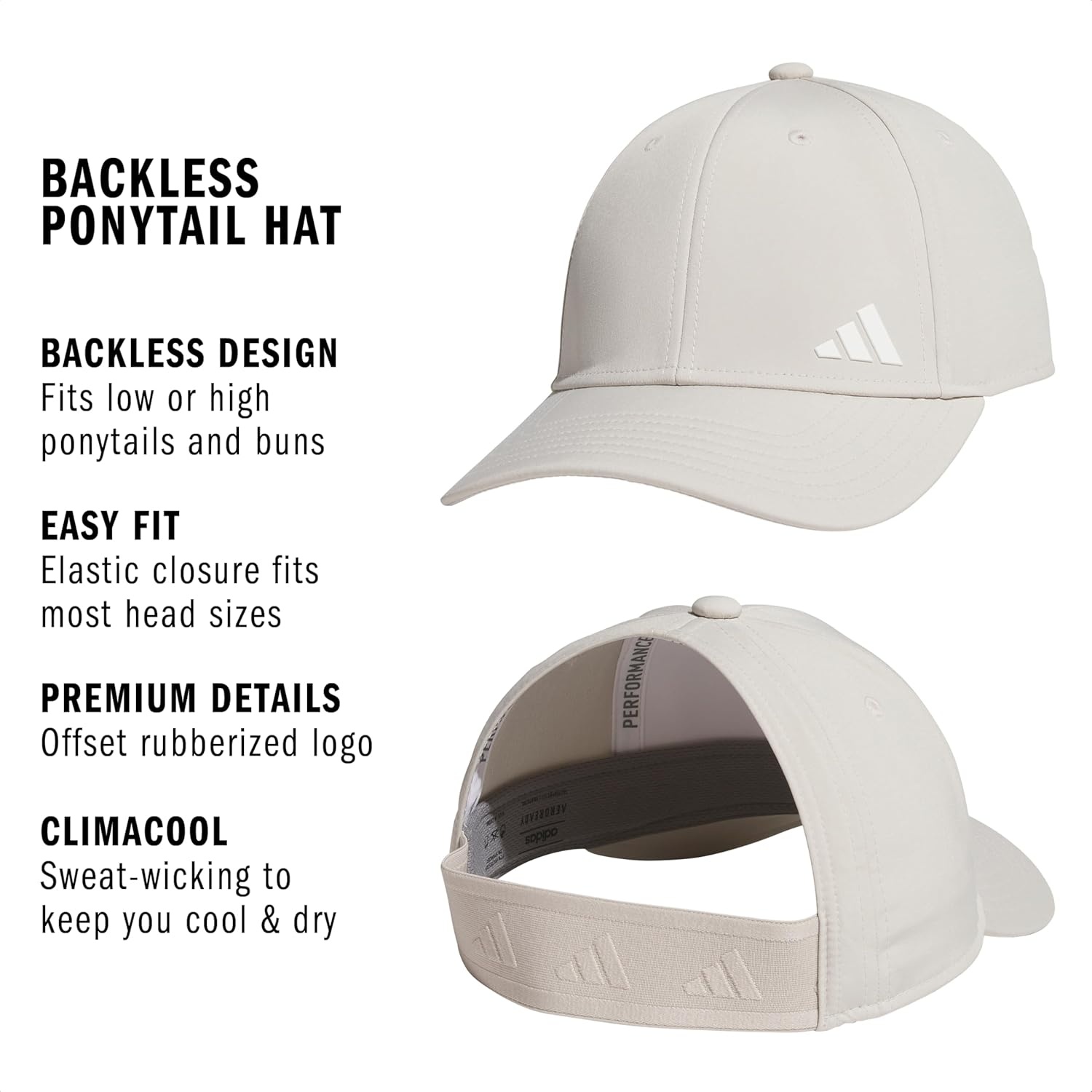 image:imageadidas Womens Backless Ponytail Hat Open Back Baseball CapWonder Alumina GreyWhite2