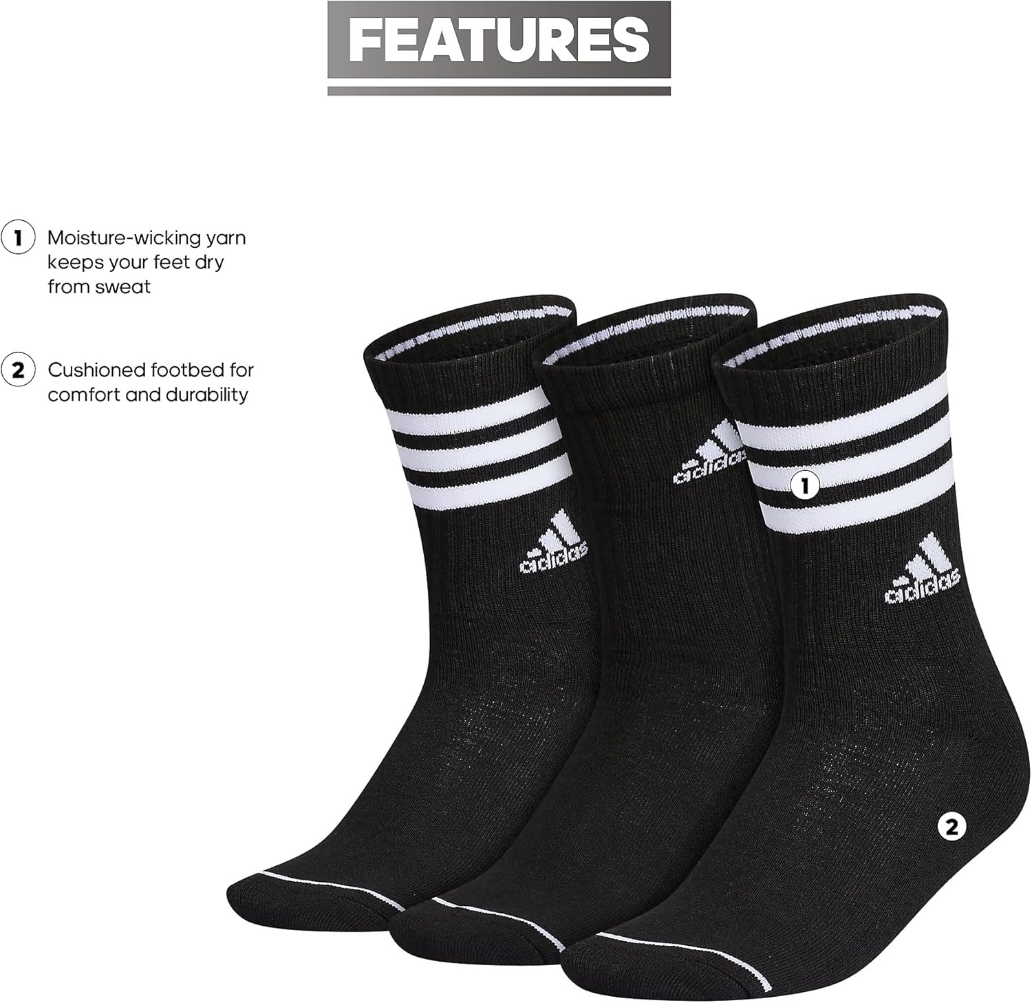 image:imageadidas Womens Cushioned Crew Socks 3 Pairs Durable amp ComfortableBlackWhite3stripe3
