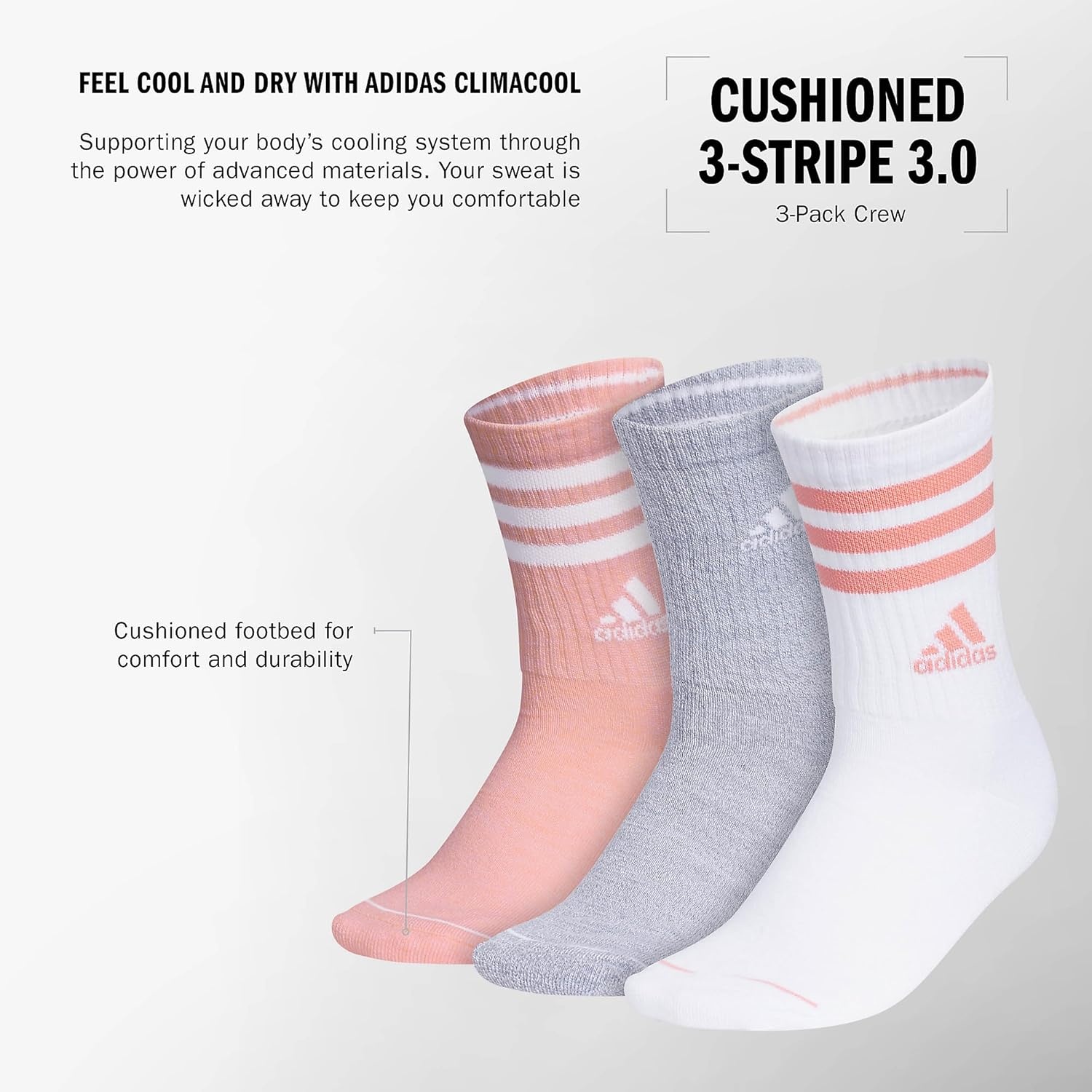 image:imageadidas Womens Cushioned Crew Socks 3 Pairs Durable amp ComfortableSemi Pink SparkGreyWhite3stripe3